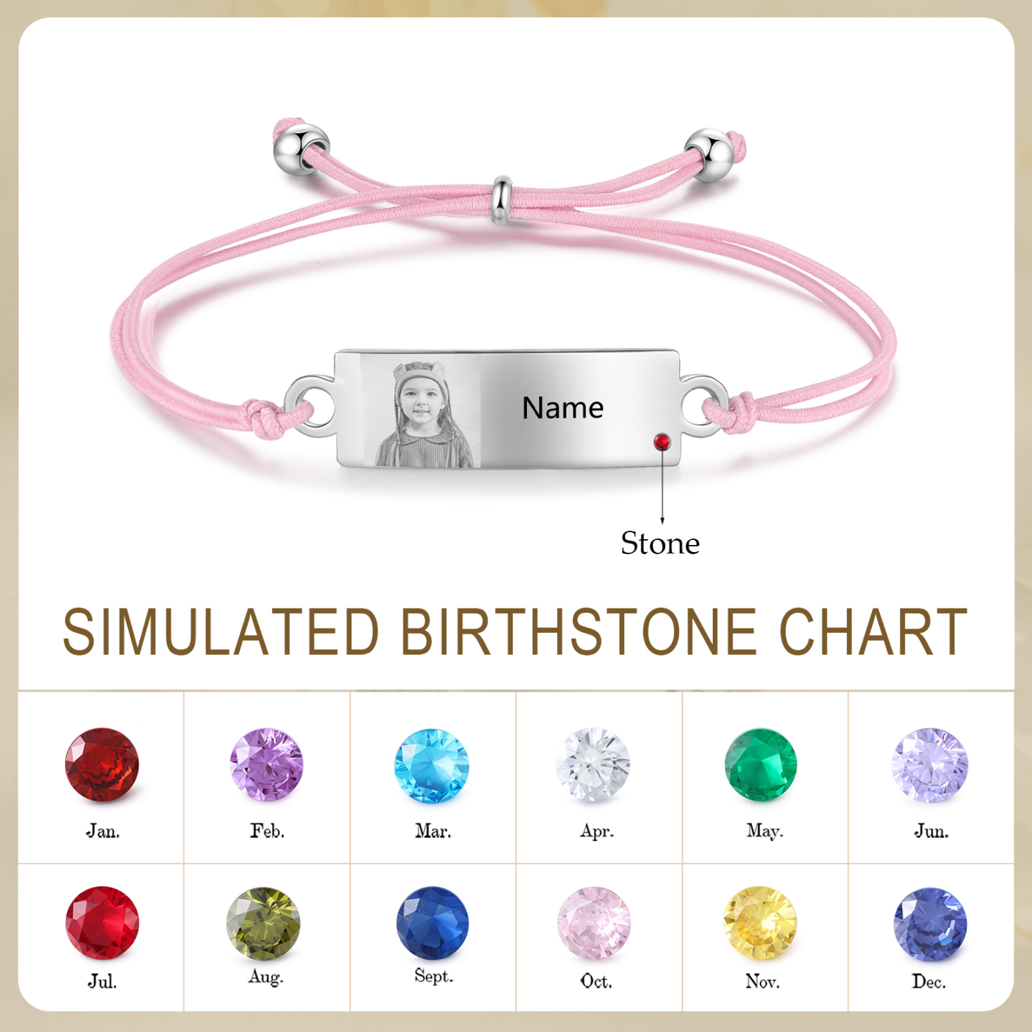 Personalized Custom Photo & Name & Birthstone Elastic Rope Stainless Steel Bracelet Adjustable Back To School Gift For Children