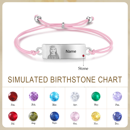 Personalized Custom Photo & Name & Birthstone Elastic Rope Stainless Steel Bracelet Adjustable Back To School Gift For Children