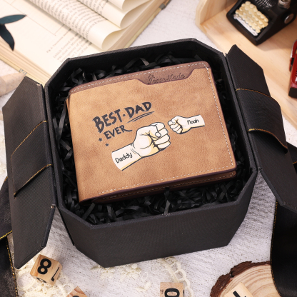 2 Names - Personalised Fist Bump Pattern Custom Text Leather Men's Wallet as a Father's Day Gift for Dad