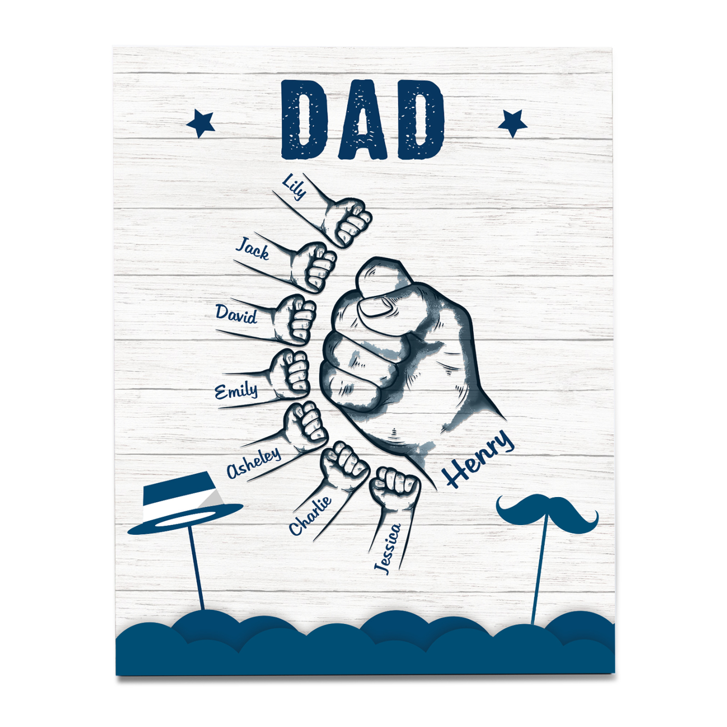 8 Names - Personalised Wooden Ornament Fist Bump Style Engraved Name and Text Ornament for Dad