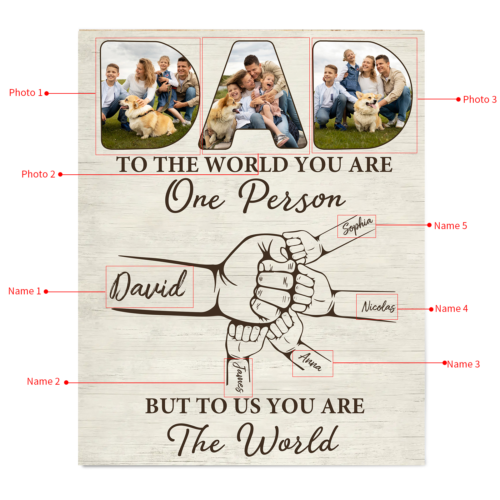 5 Names - Personalised Photos Fist Bump Home Wood Panel Painting Decorations Father's Day Gift for Dad