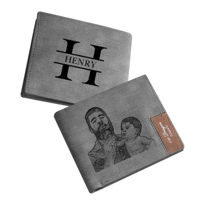 Personalised 2 Photos Set Custom Grey Wallet & Keychain & Pen Gift Box Set Father’s Day Gift