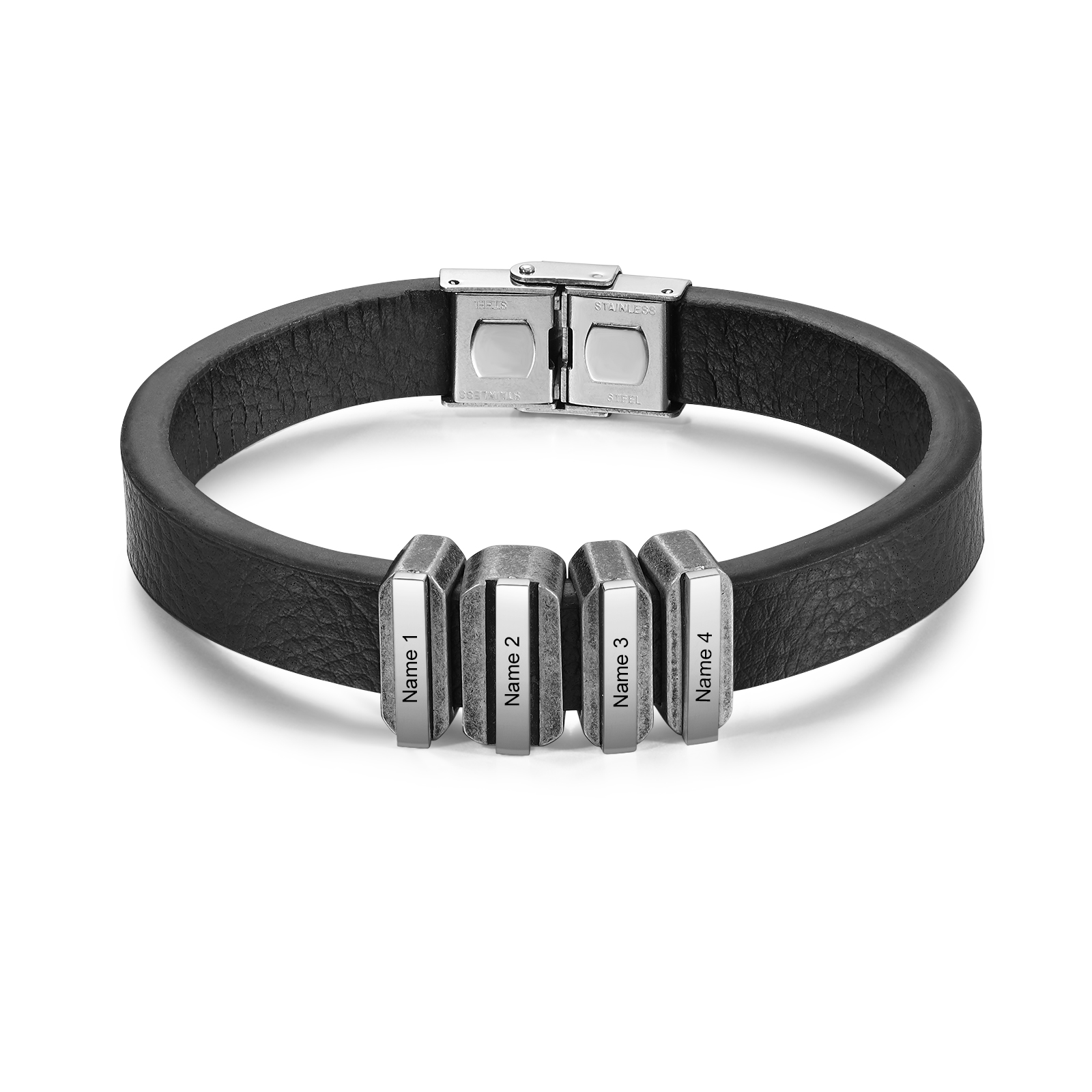 4 Names Personalised Stainless Steel Leather Bracelet Engraved Name Men's Bracelet Gift for Dad