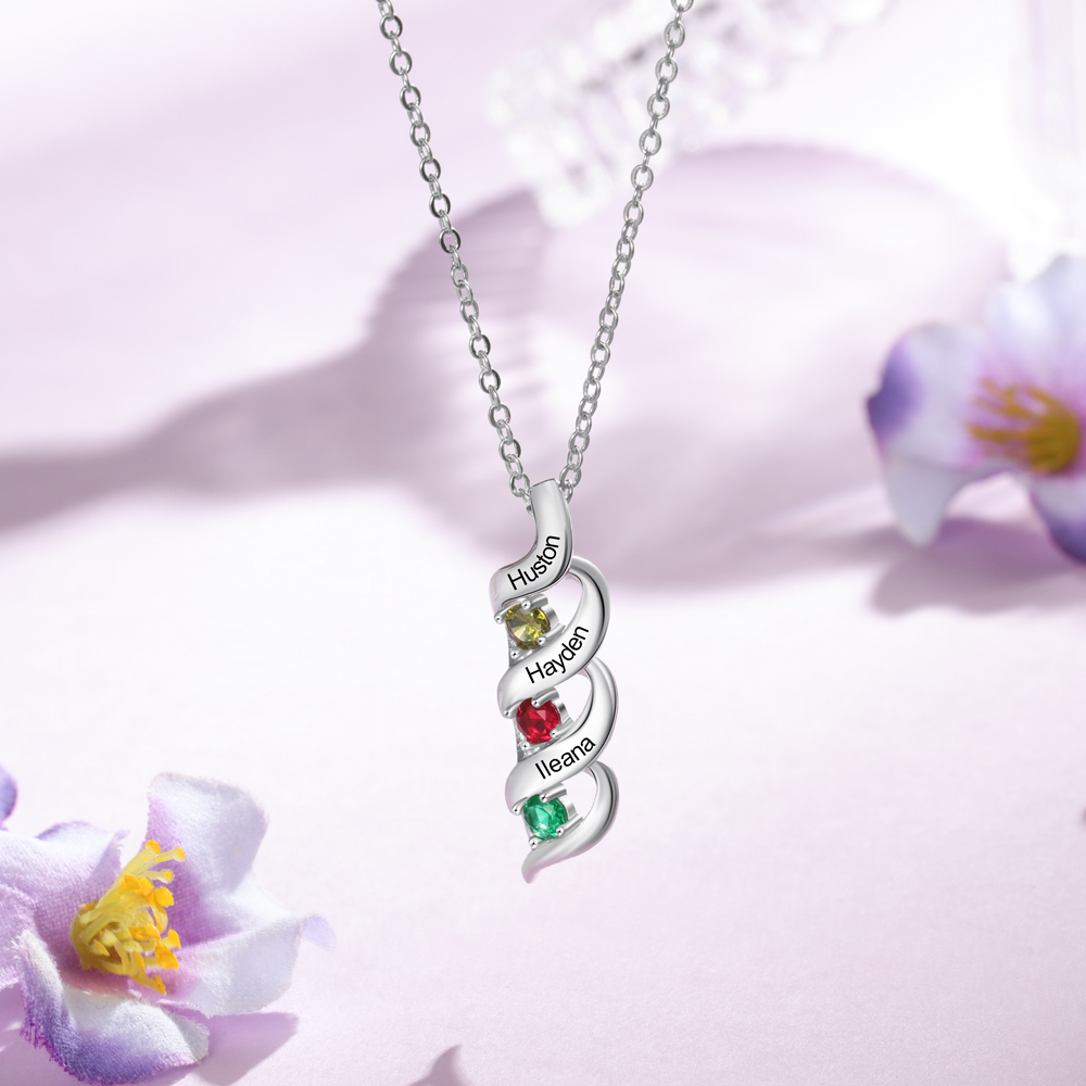 3 Names-Personalised Necklace Cascading Pendant with 3 Birthstones Engraving 3 Names Gifts for Her