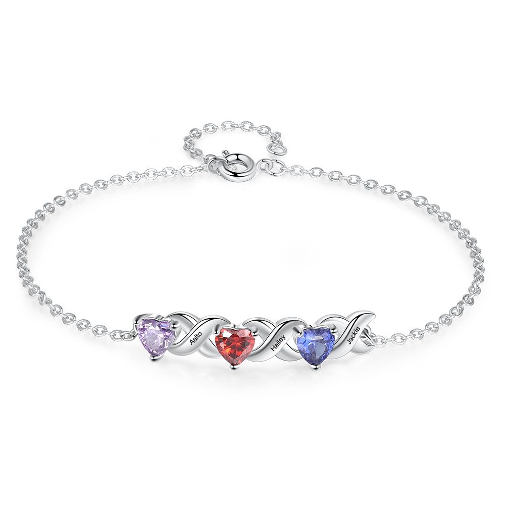 Personalised Bracelet With 3 Heart Birthstones Engraved Names Bracelet Gift For Women