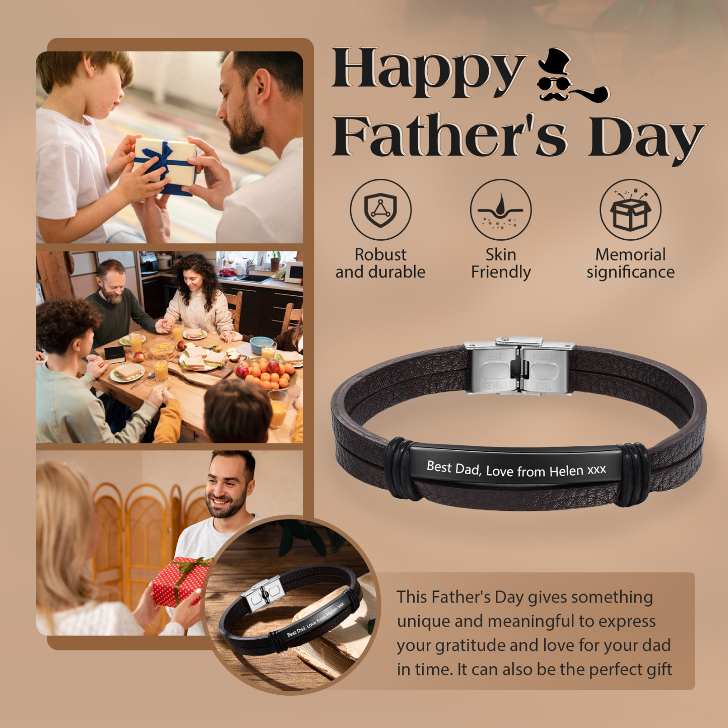 Personalised Text Brown Leather Bracelet Men's Bracelet Father's Day Gift for Dad