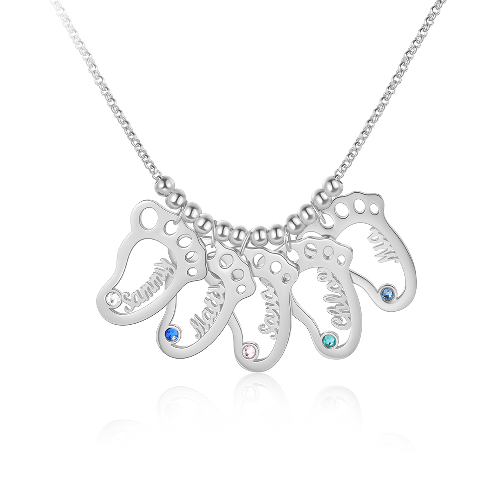 Personalised Baby Foot Necklace With 5 Birthstones Engraved Names Gift For Mother