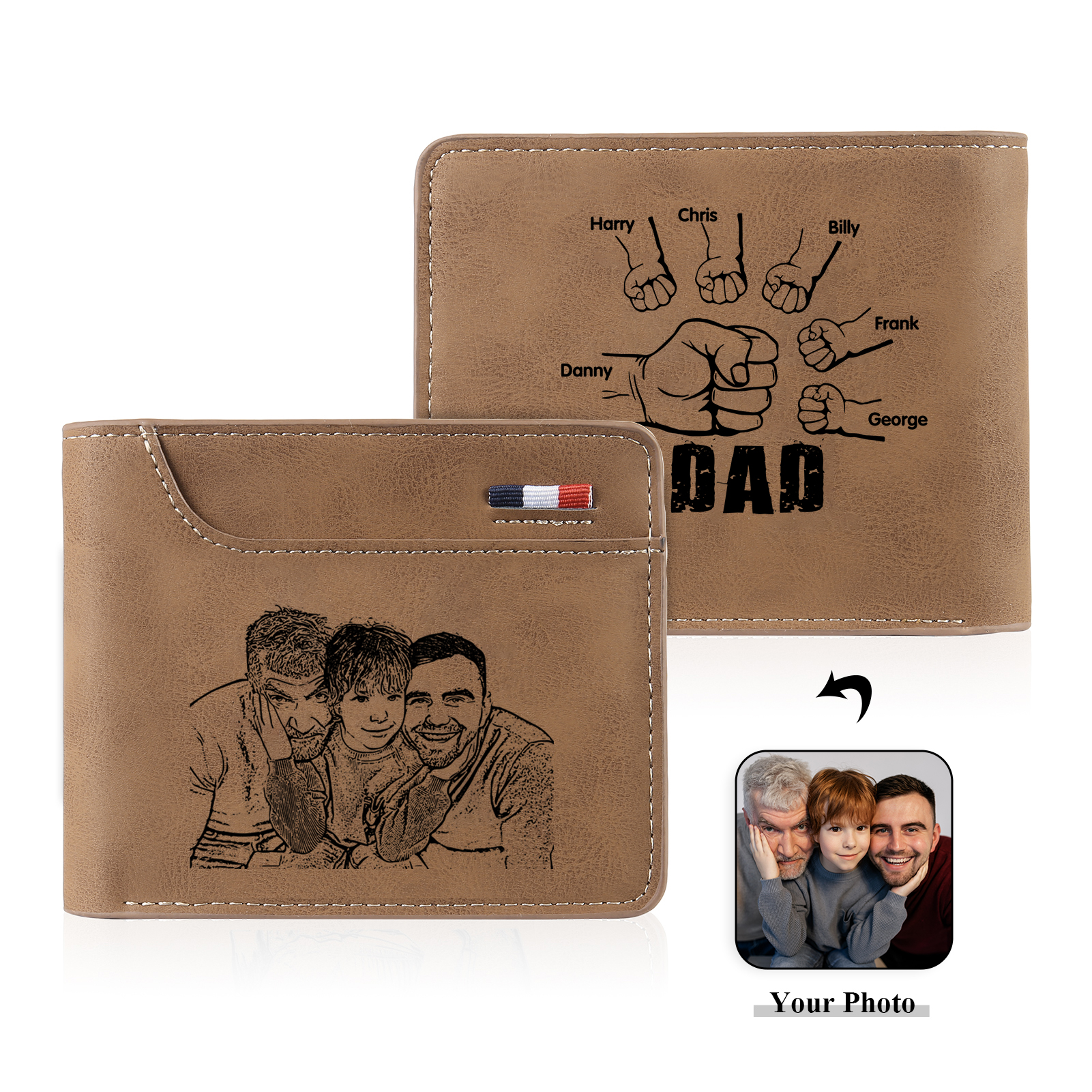 6 Names - Personalised Photo Custom Leather Men's Folding Wallet as a Father's Day Gift for Dad
