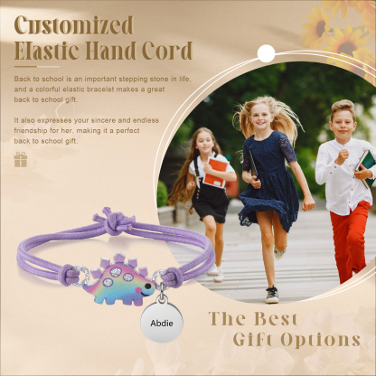 Personalised Name Cute Dinosaur Style Elastic Cord Rubber Rope Bracelet, As A Back To School Gift For Children