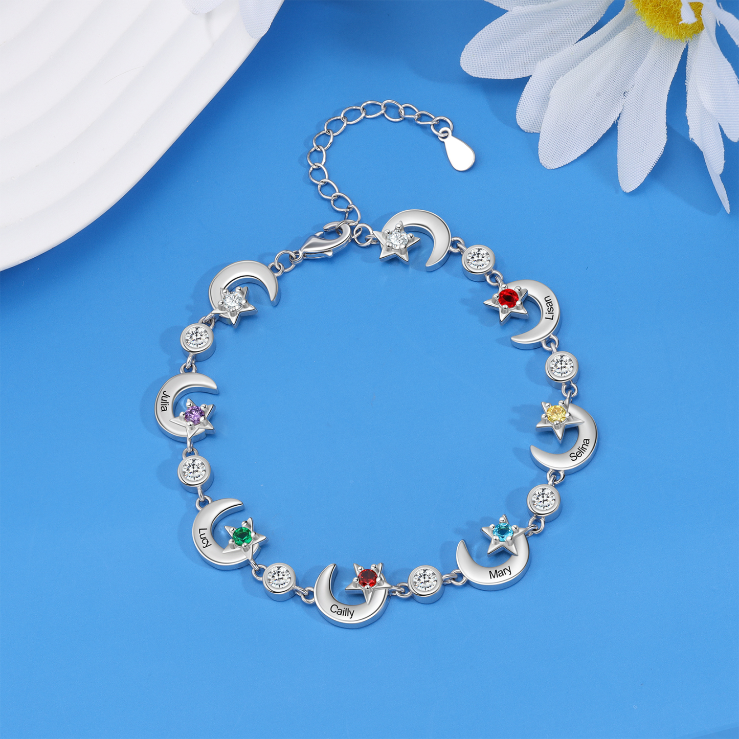 6 Names-Personalised Moons And Stars Bracelet With 6 Birthstones Custom Names Bracelet Gift For Women