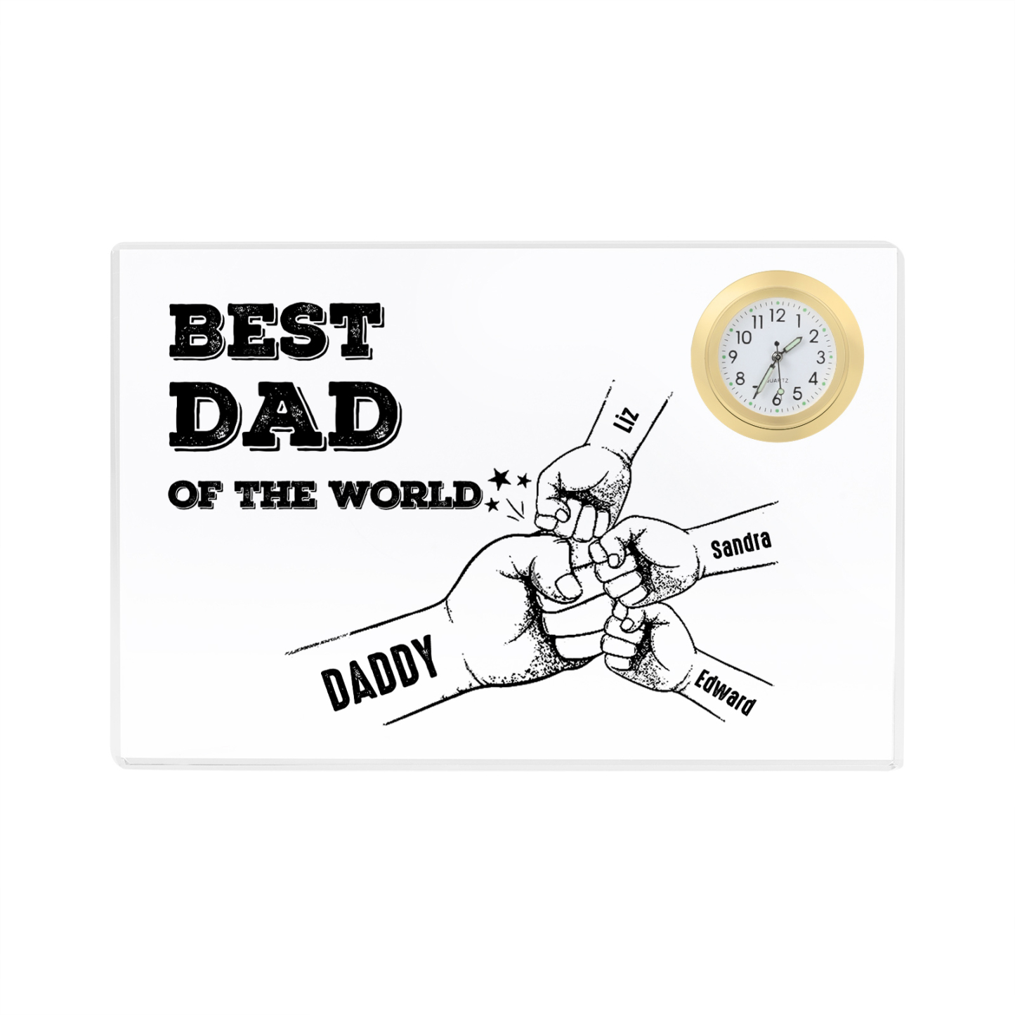 4 Names - Personalised Fist Bump Acrylic Rectangular Clock Ornament Father's Day Gift for Dad