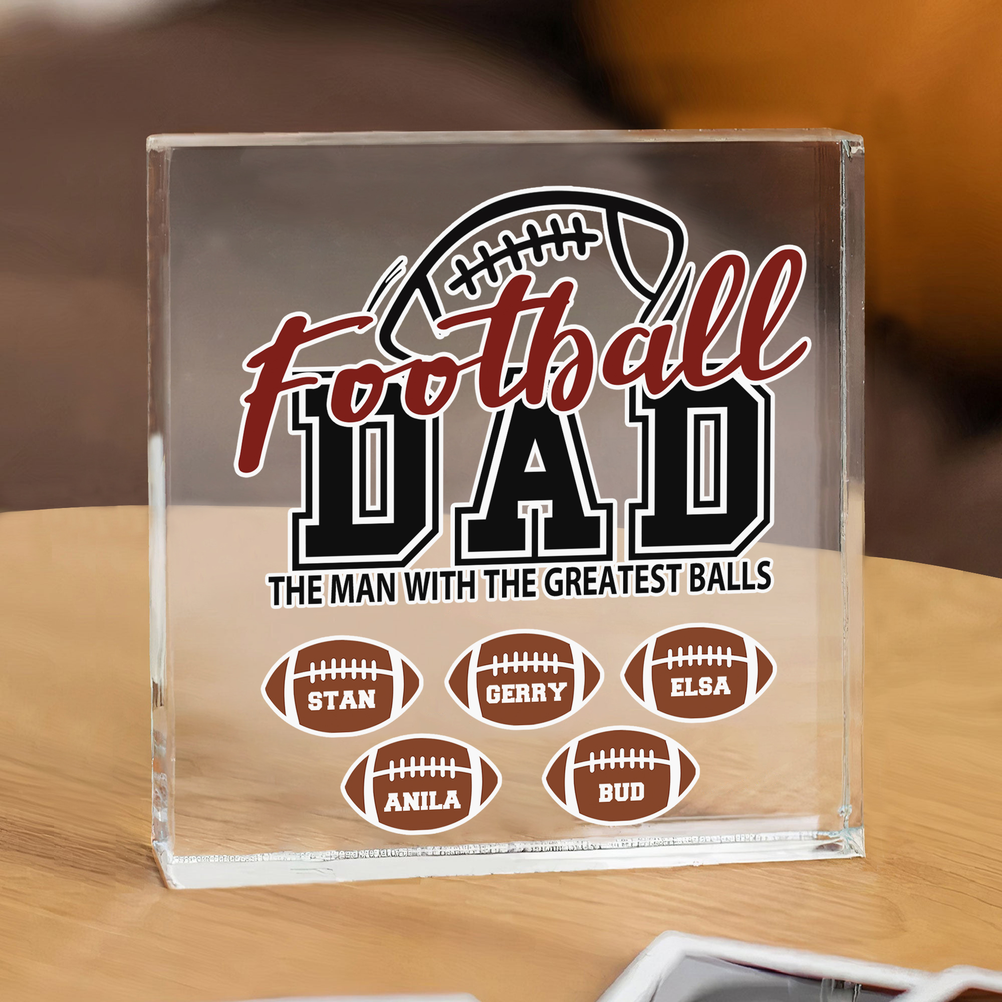 5 Names - Personalised Football Acrylic Keepsake Customized Name Acrylic Plaque Decoration Father's Day Gift for Dad