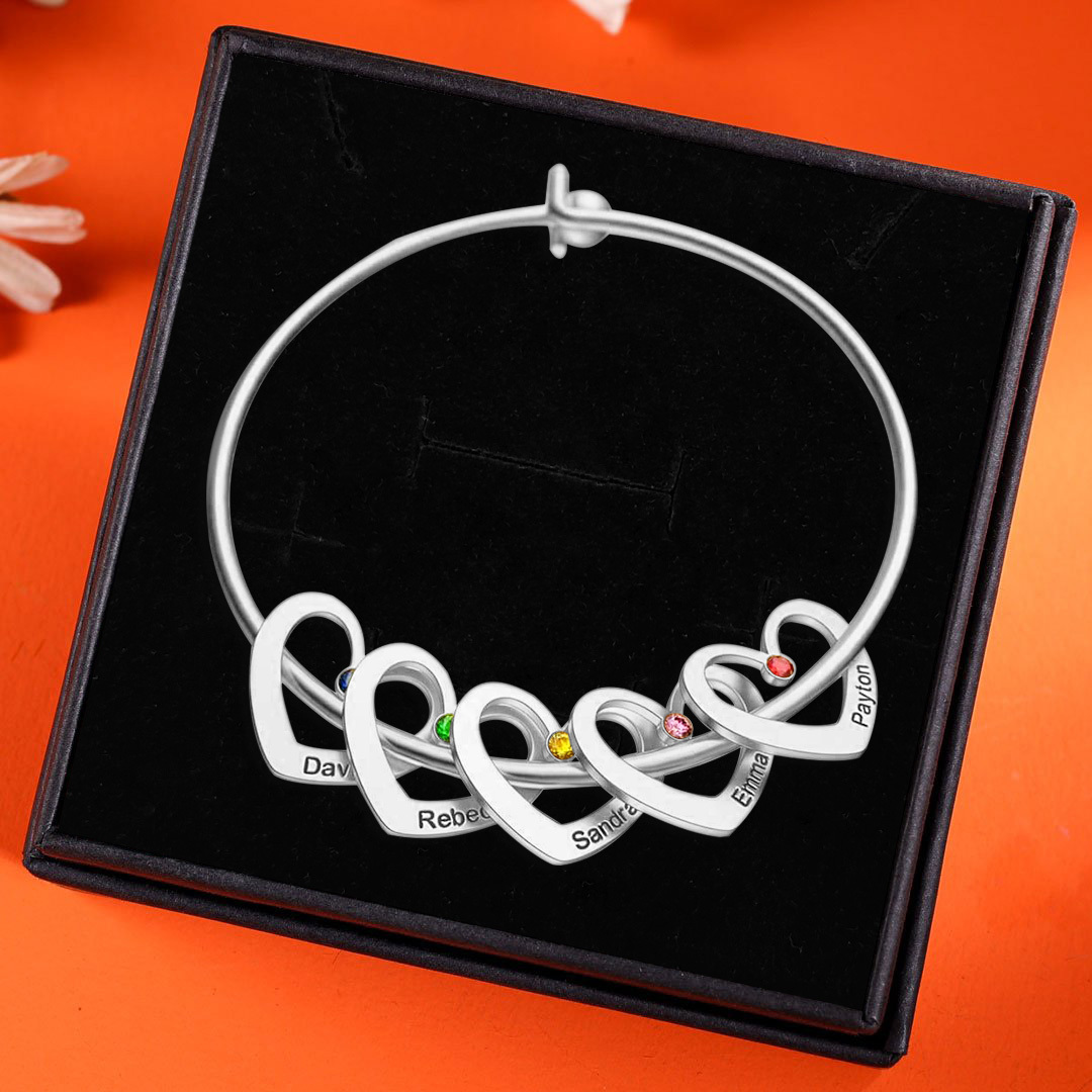 Personalised Heart Bangle With 2 Names and Birthstones Bangle Bracelet Mother's Day Gifts For women