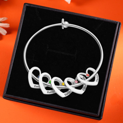 Personalised Heart Bangle With 2 Names and Birthstones Bangle Bracelet Mother's Day Gifts For women