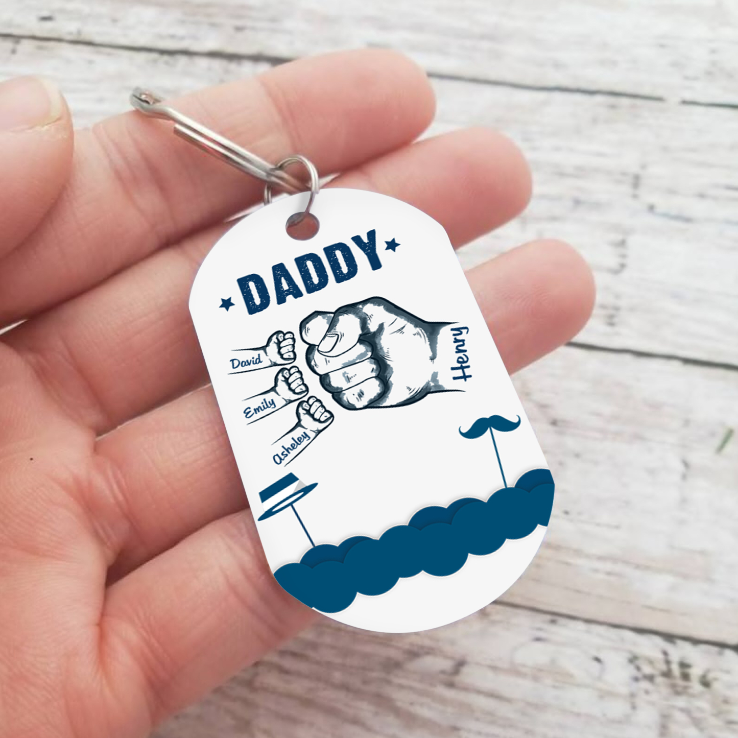 4 Names - Personalised Custom Fist Bump Keyring Hat and Beard Style Keyring Gift for Dad