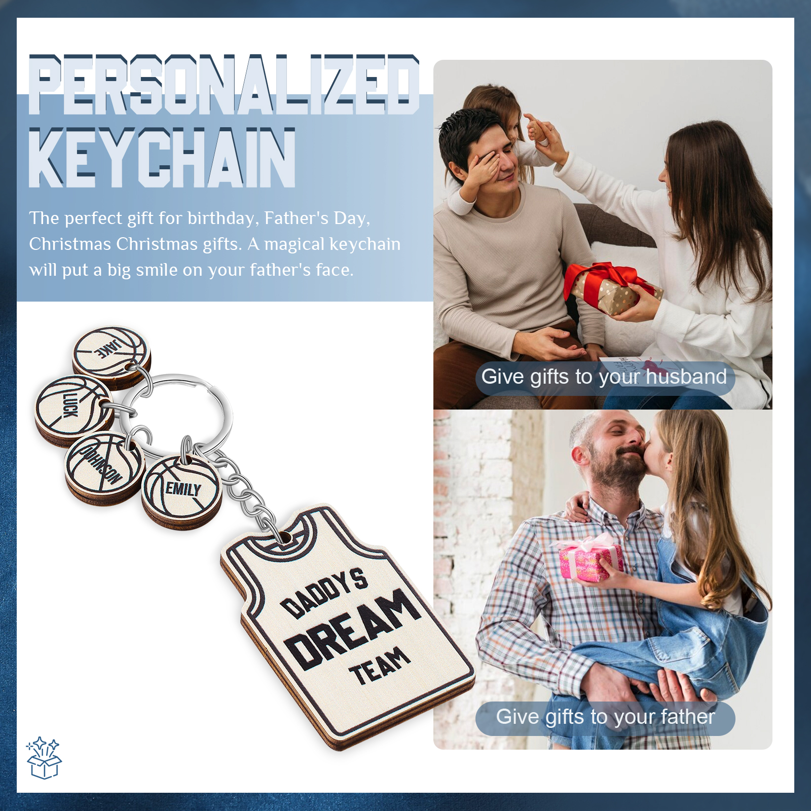 Personalised Text and 4 Names Wooden Basketball Keyring For Dad