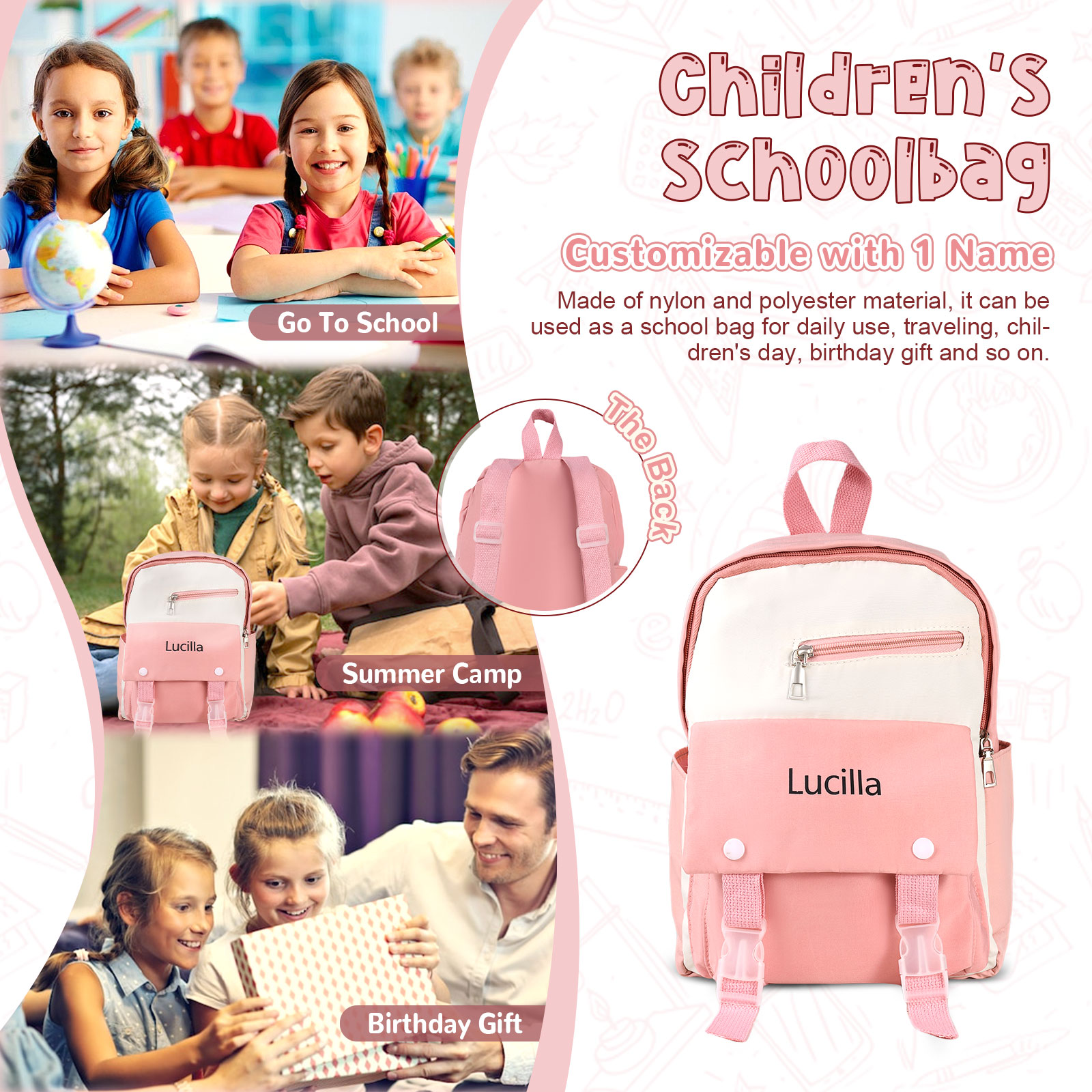 Personalised Name Cute School Bag Custom Nylon Polyester Backpack Back To School Gift for Kids