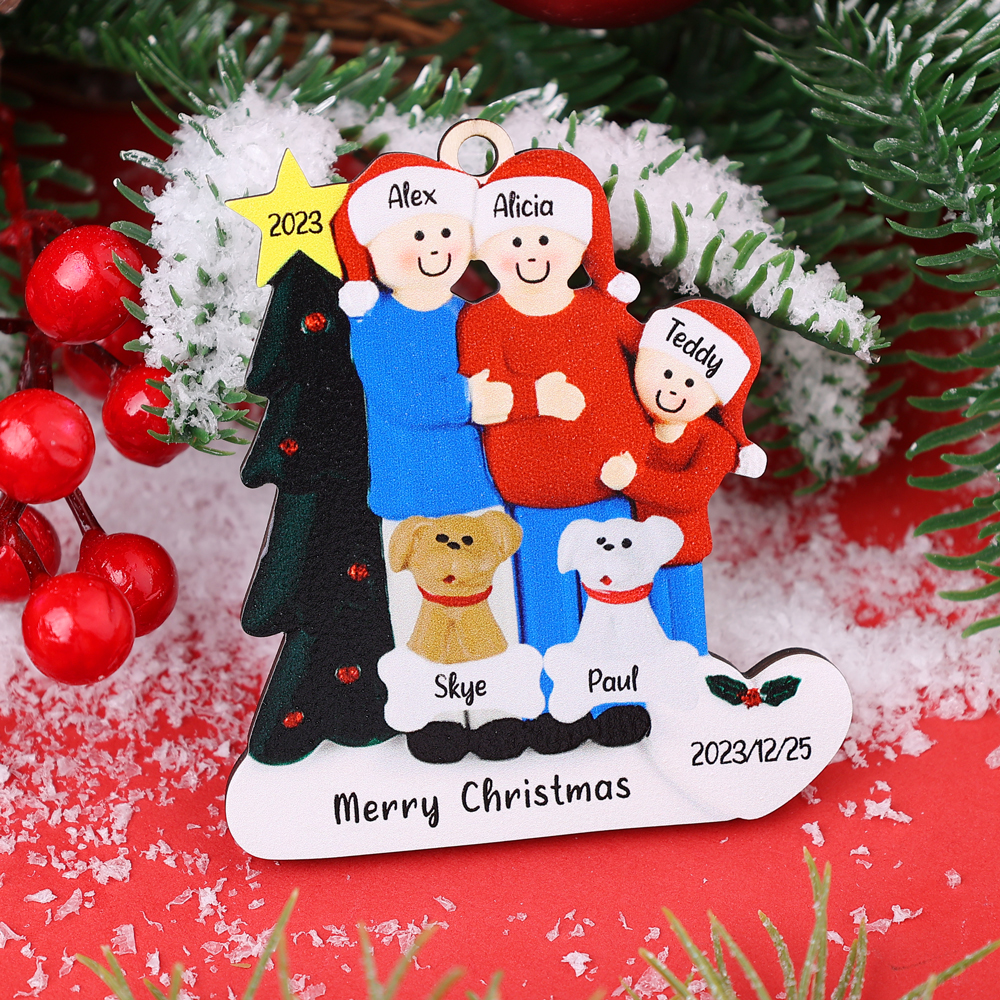 4 Names-Personalised Family Wooden Christmas Xmas Tree Decoration Ornament-Custom 4 Names And Dates Hanging Ornament Gifts For Family