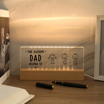 3 Names & Doll Gender - Personalised Lamp -This Awesome Dad  Belongs To - Father's Day Gift for Dad