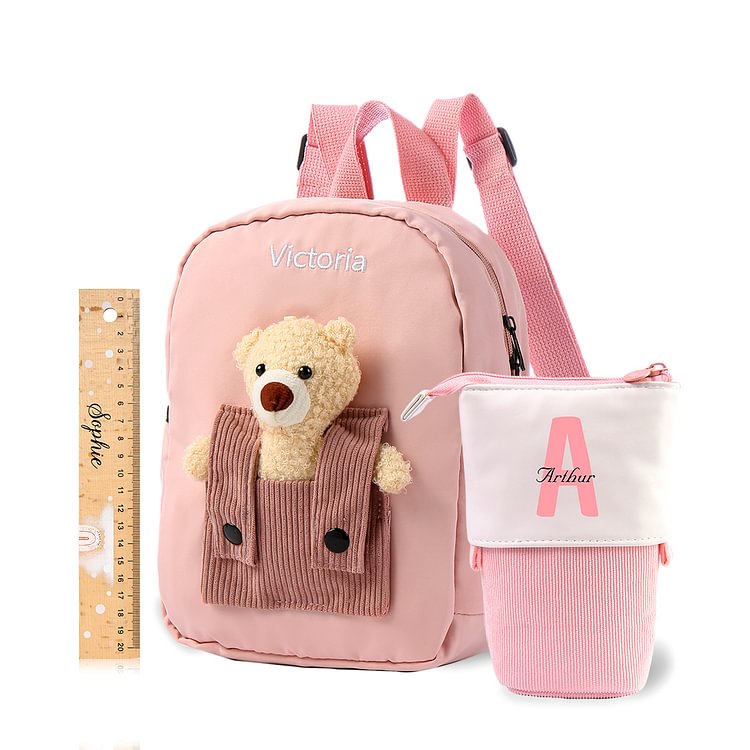 Personalized 1 Letter and 3 Names Gift Set Custom Backpack and Pencil Case and Ruler Gift Set Back to School Gift for Daughter