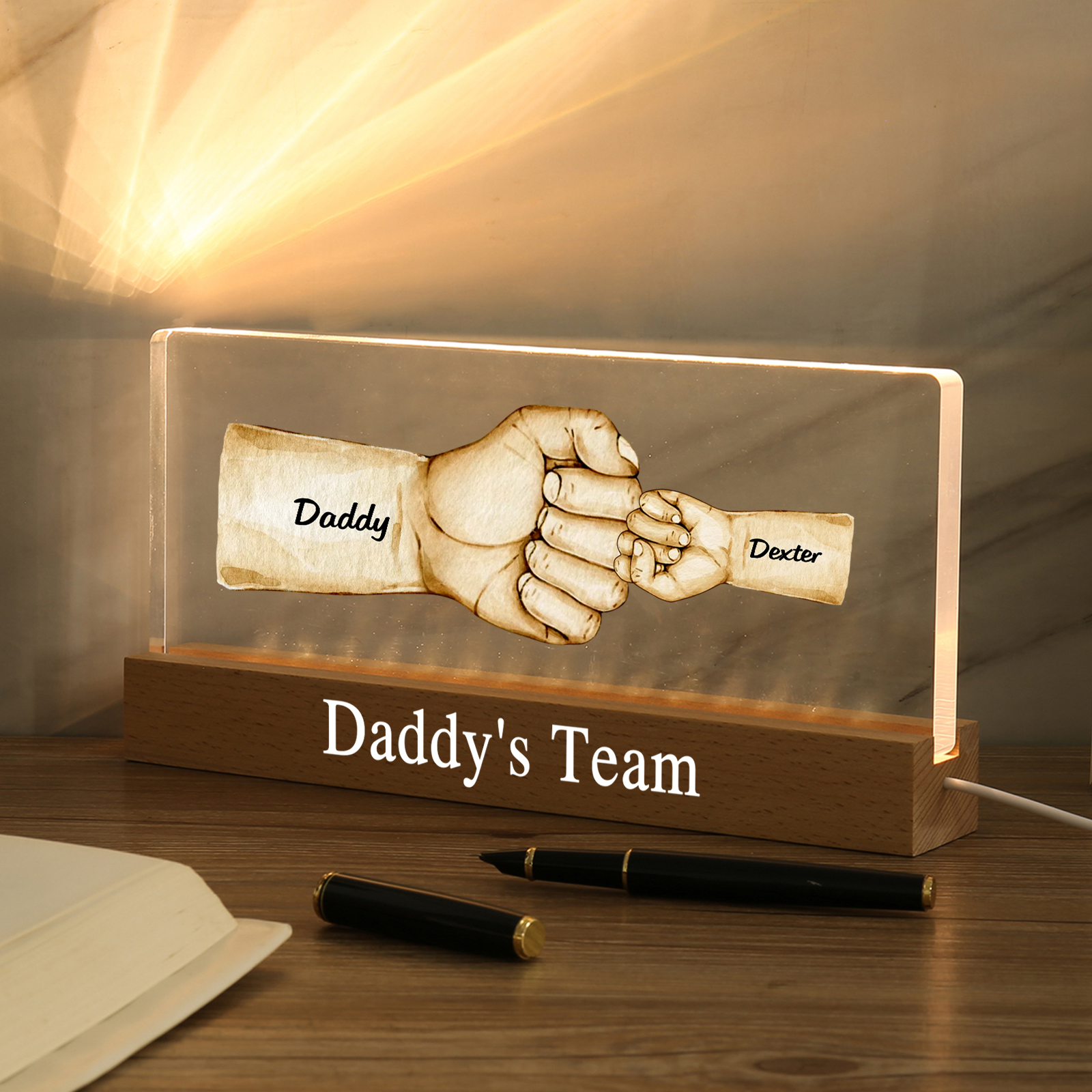 2 Names - Personalised Fist Bump Pattern Table Lamp Customized Text Father's Day Gift for Dad