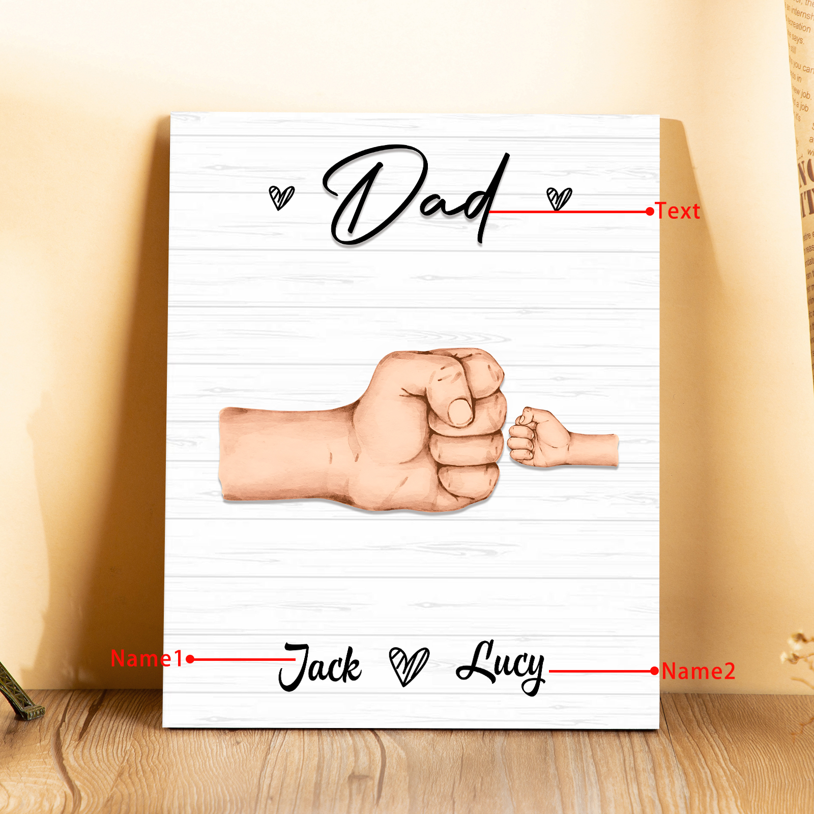 2 Names - Personalised Wooden Ornament Fist Bump Style Engraved Name and Text Ornament for Dad