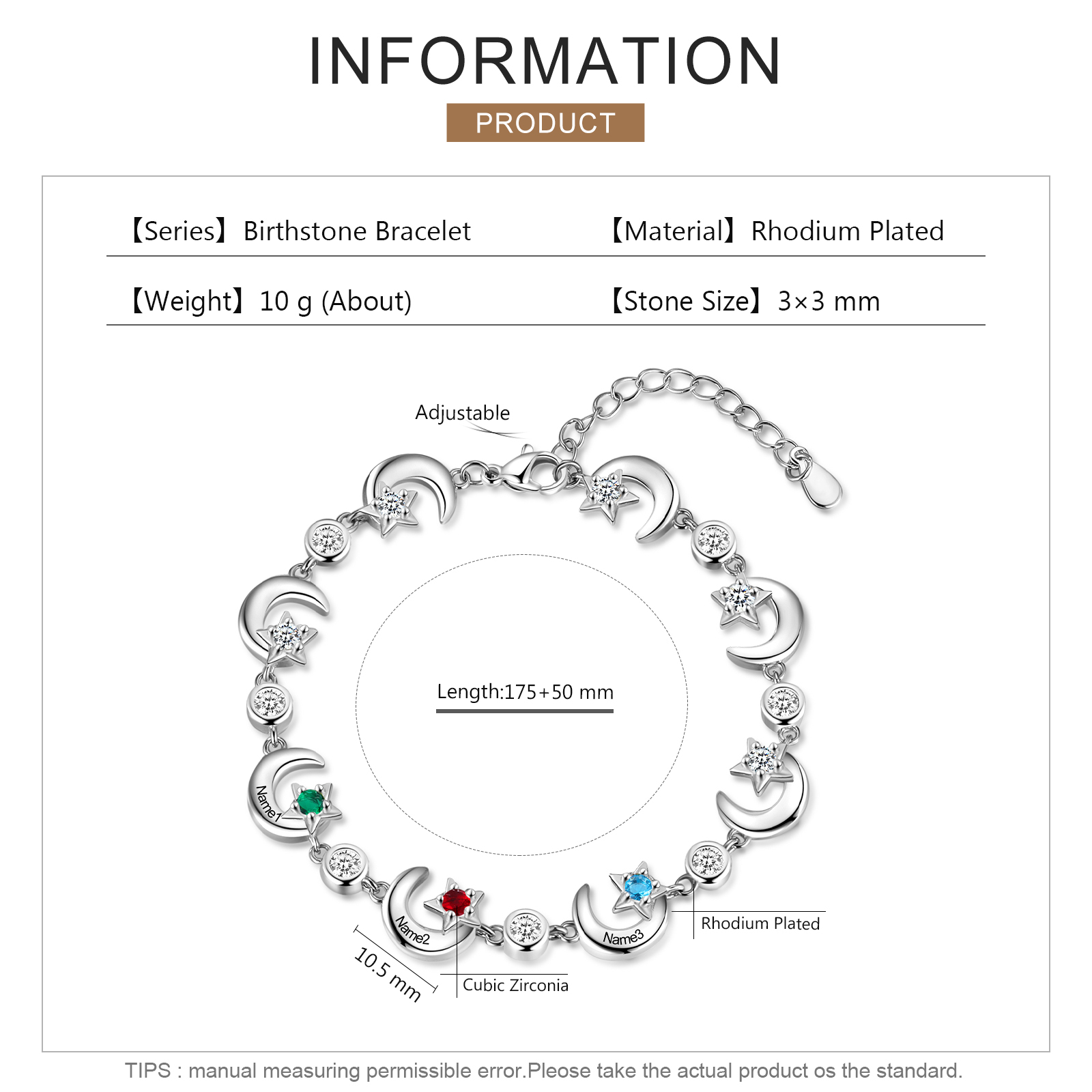 3 Names-Personalised Moons And Stars Bracelet With 3 Birthstones Custom Names Bracelet Gift For Women