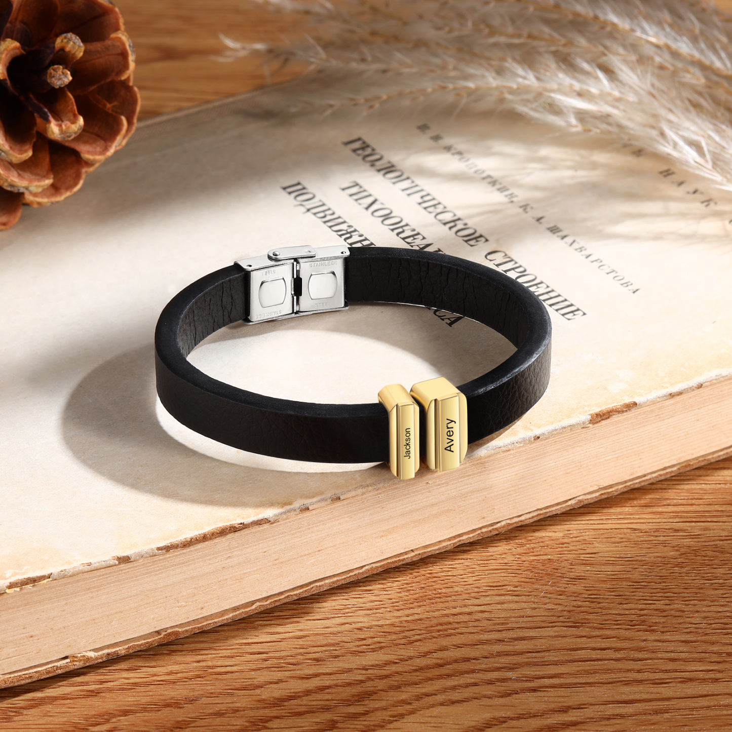 2 Names Personalised Stainless Steel Leather Bracelet Engraved Name Men's Bracelet Gift for Dad