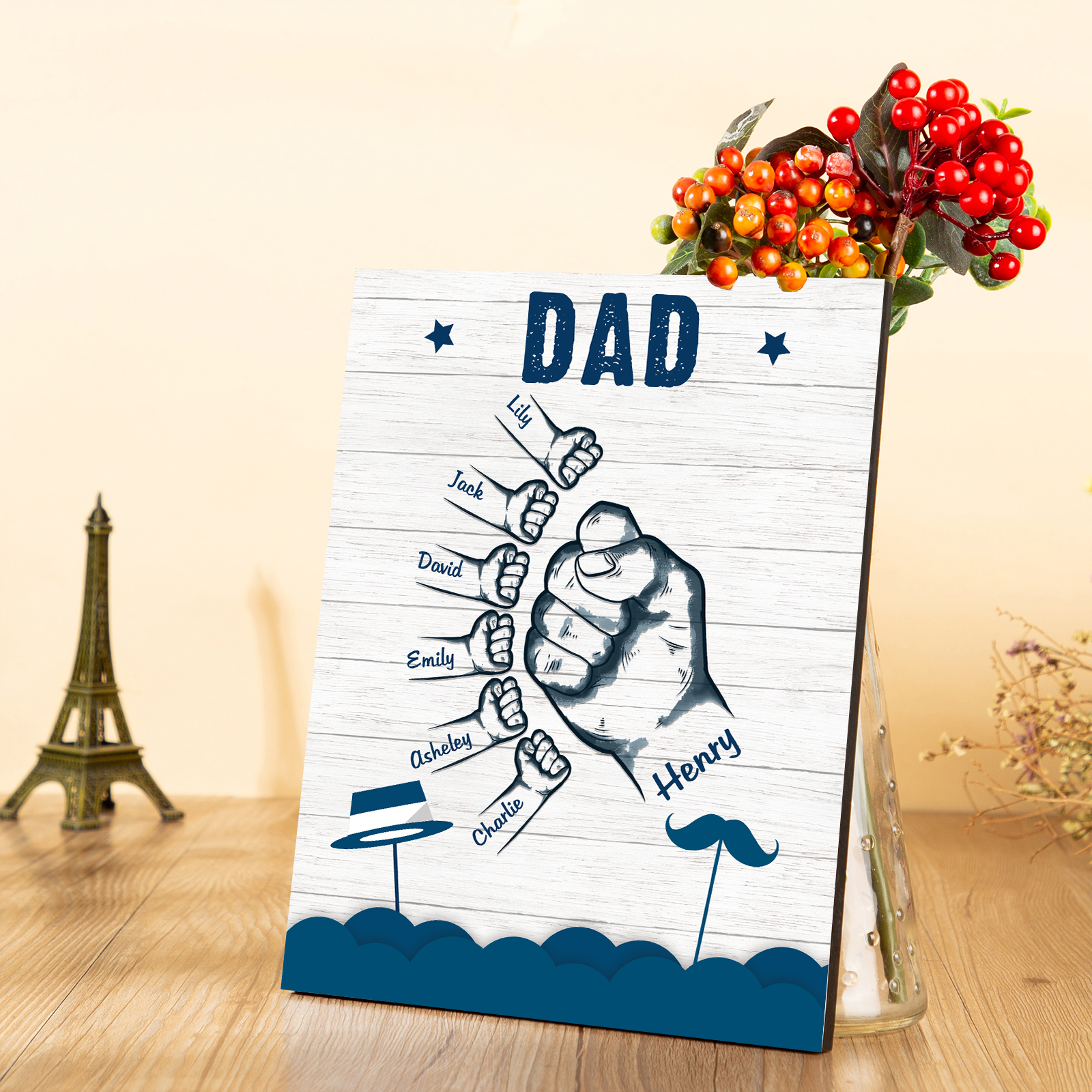 7 Names - Personalised Wooden Ornament Fist Bump Style Engraved Name and Text Ornament for Dad