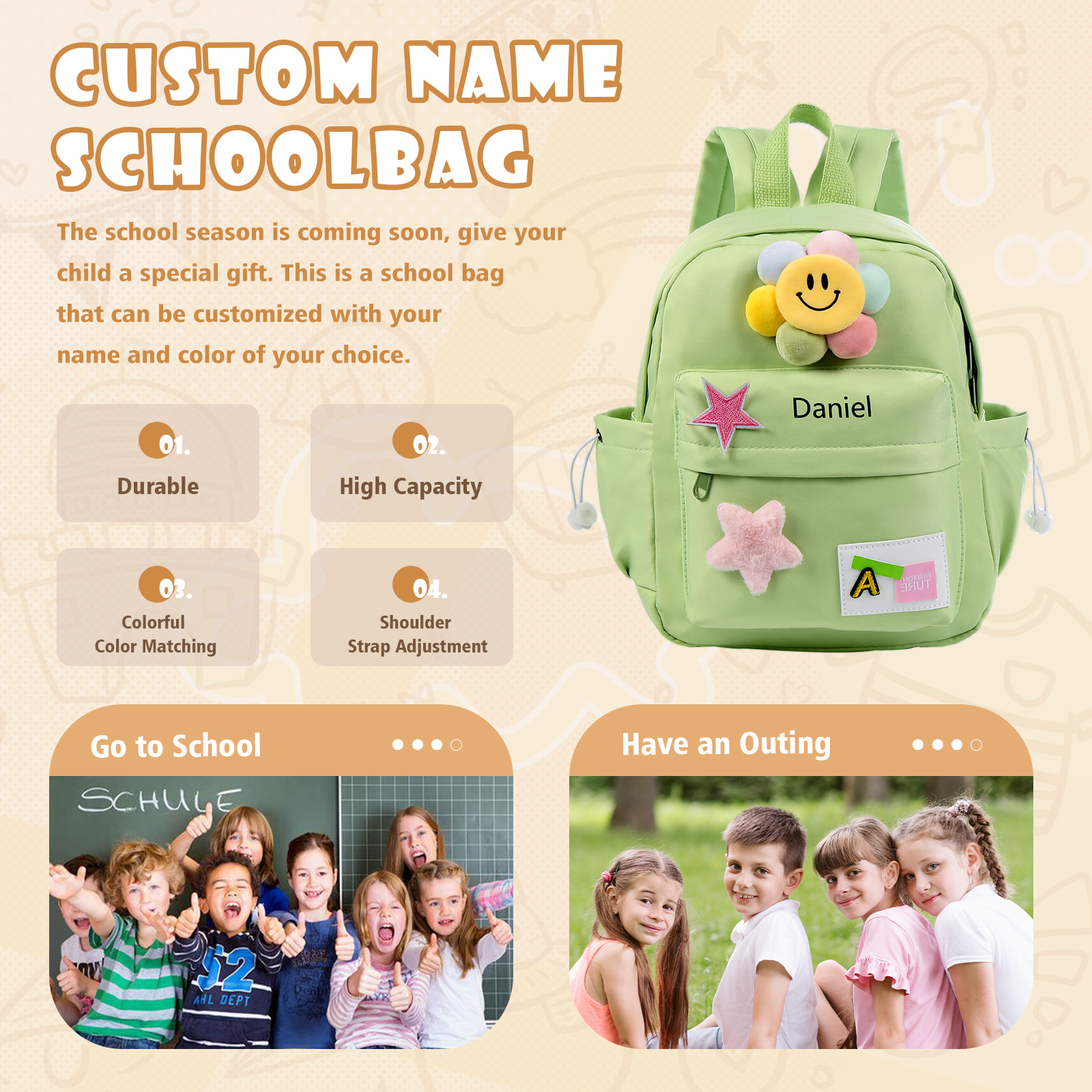 Personalised Nylon Polyester Children's Custom Name Backpack Back to School Gift