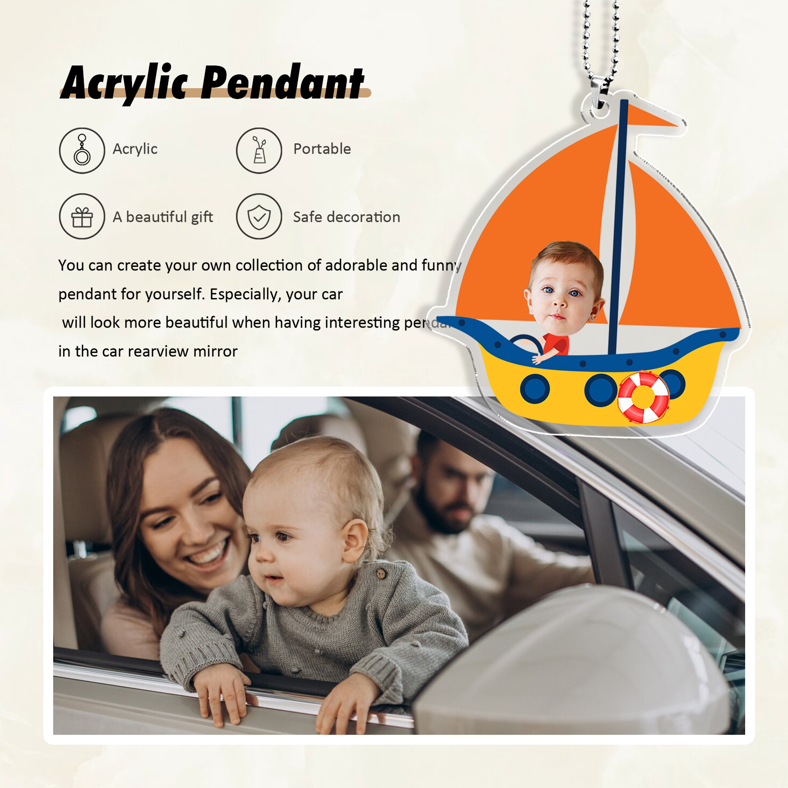 Acrylic Keyring/Decoration Personalised Photo Children Driving Yacht Pattern Pendant, Suitable For Dad