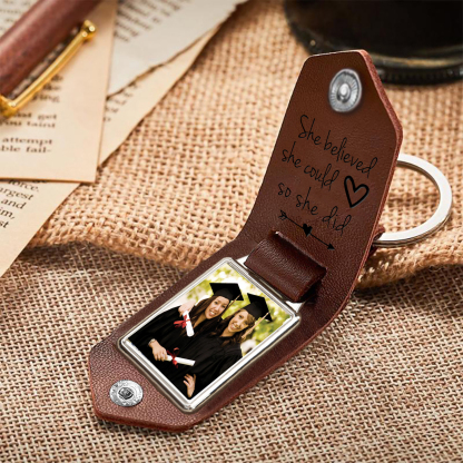 2024 Graduation Gifts - Personalised Name Flip Leather Keyring Customized Photo Keyring Gift for Her/Him