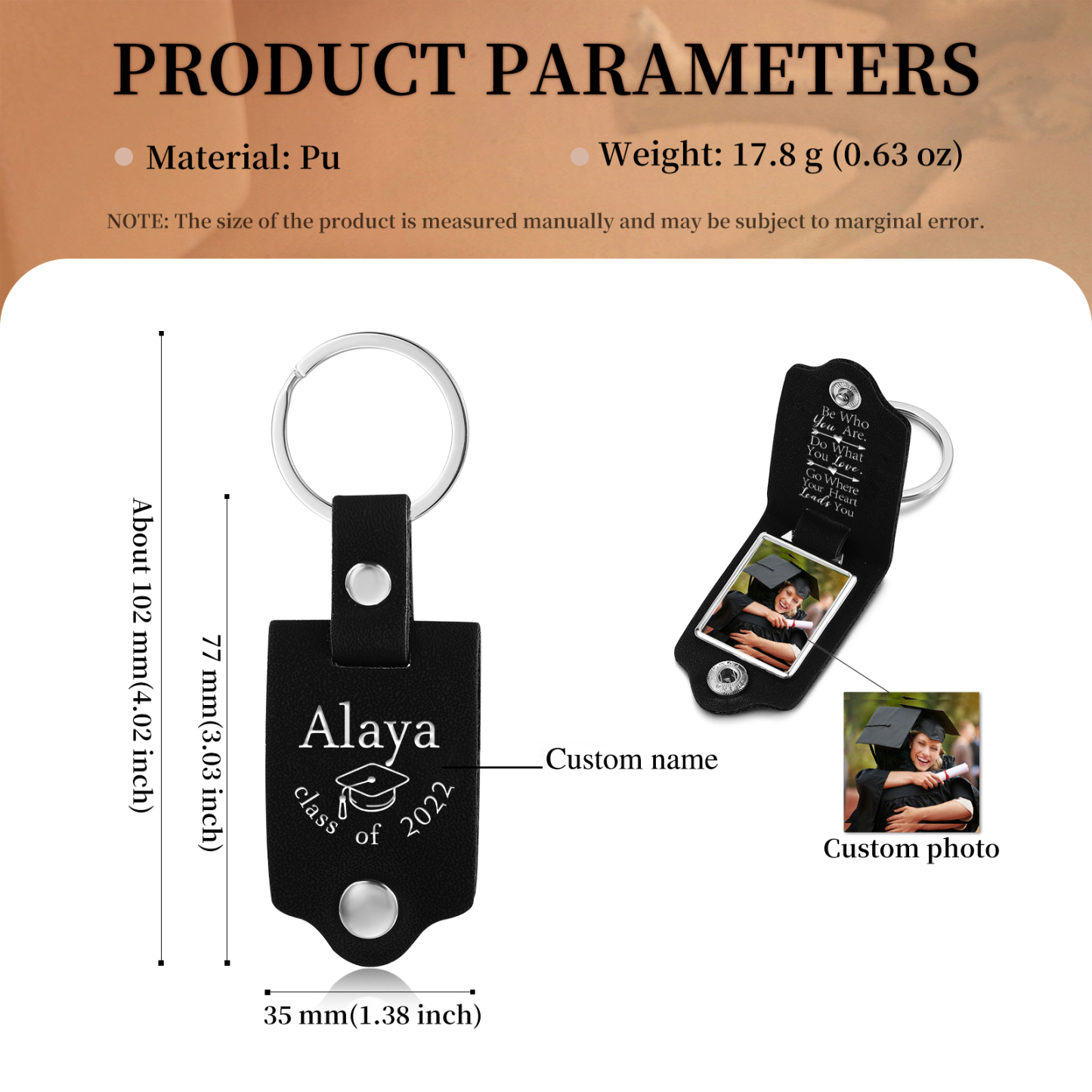2024 Graduation Gifts - Personalised Name & Year Flip Leather Keyring Customized Photo Keyring Gift for Her/Him