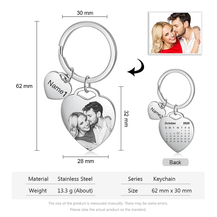 2 Names-Personalized Keychain Custom Photo Heart-Shape With Calendar - Anniversary Gifts For Him/Her