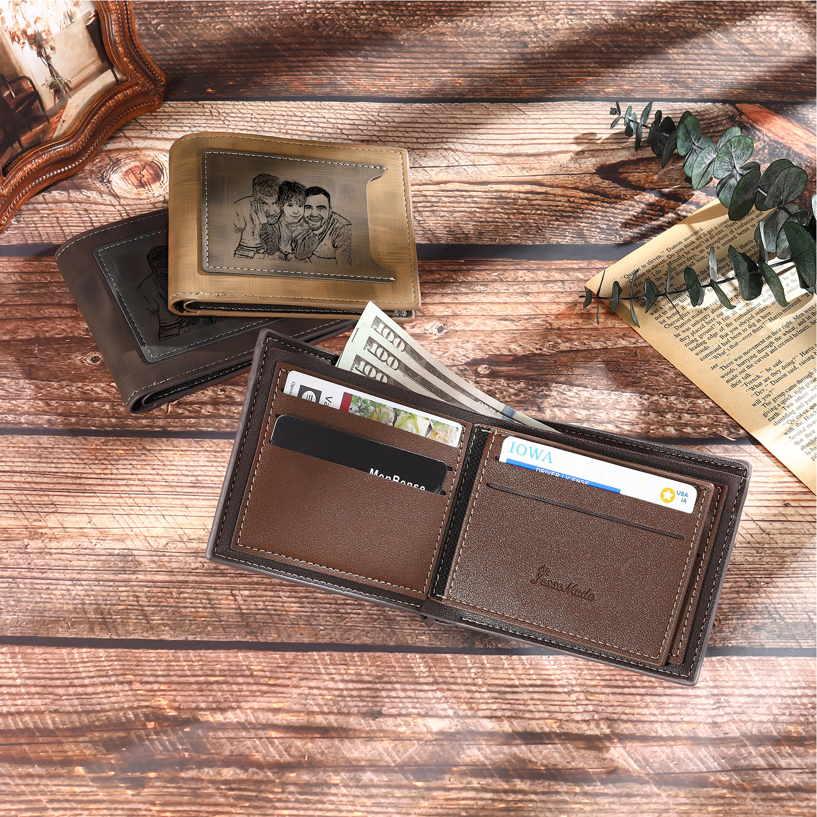 3 Names - Personalised Photo Custom Leather Men's Wallet as a Father's Day Gift for Dad
