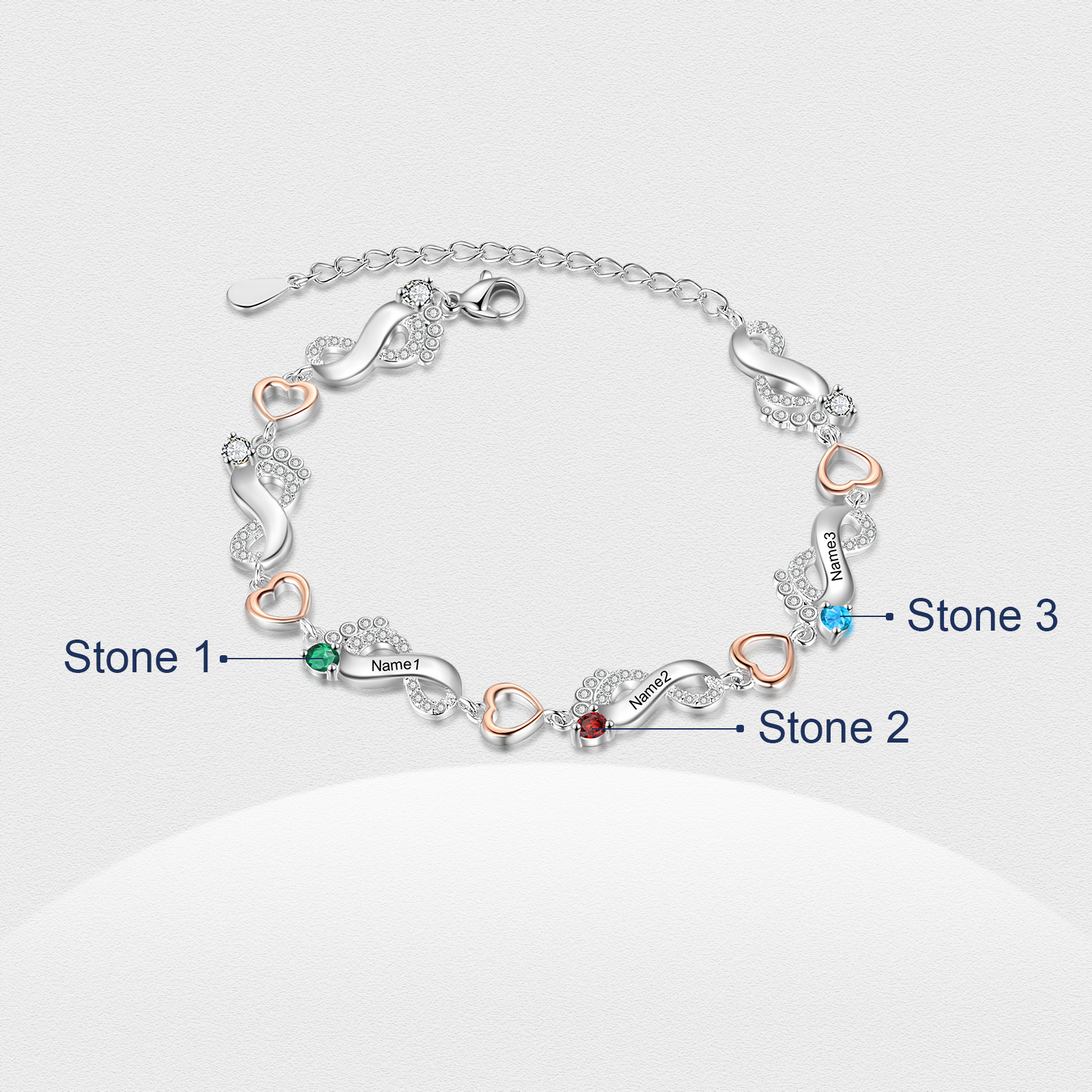 Personalised Baby Feet Bracelet Custom 3 Birthstones Set With Rose Gift Box Heart Bracelet Gifts For Women