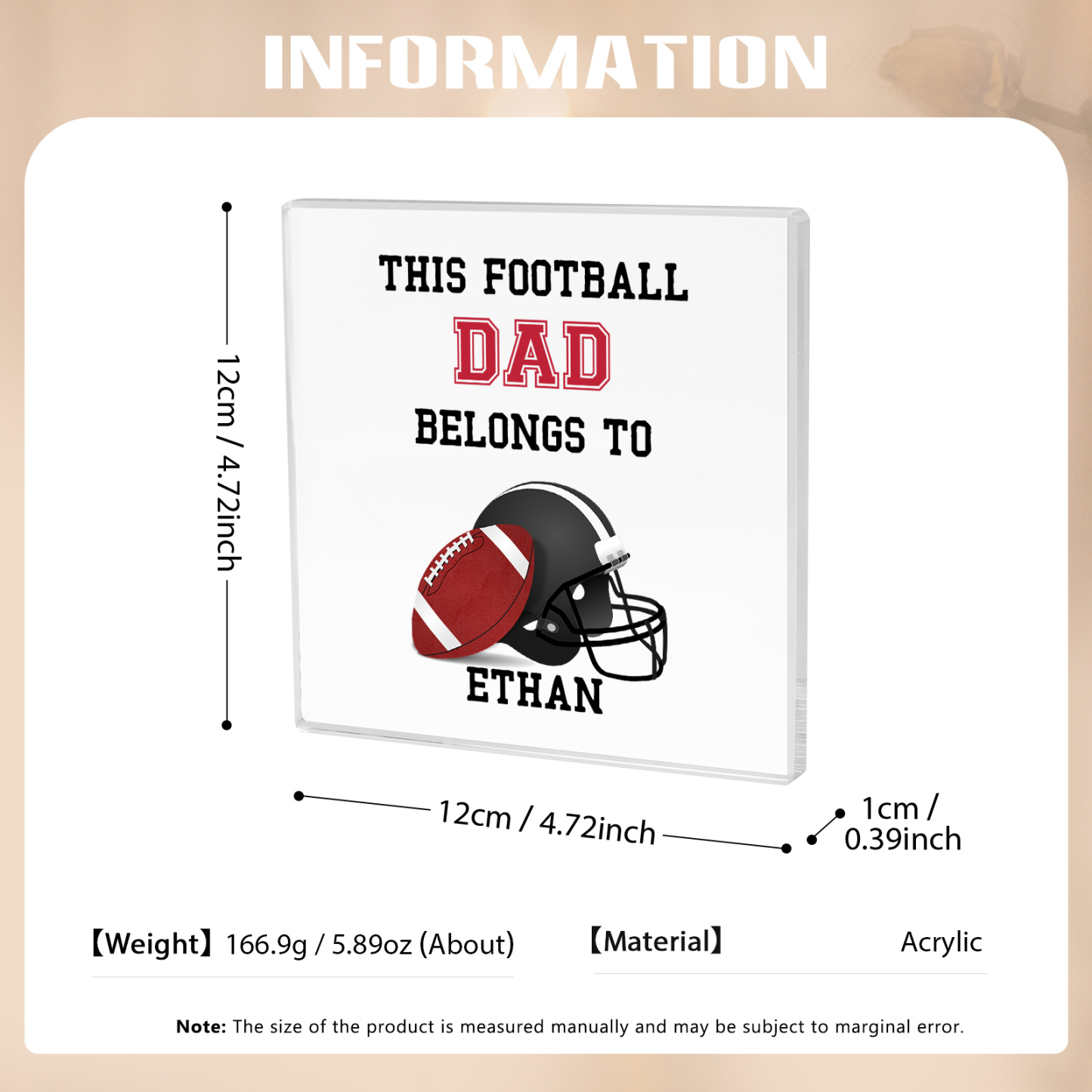 1 Name -Personalised Football Acrylic Keepsake Customized Name Acrylic Plaque Ornament Father's Day Gift for Dad