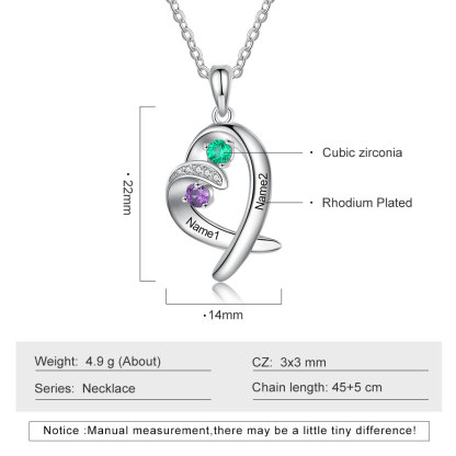 Personalised Heart Necklace With 2 Birthstones Engraved Names Gift For Her