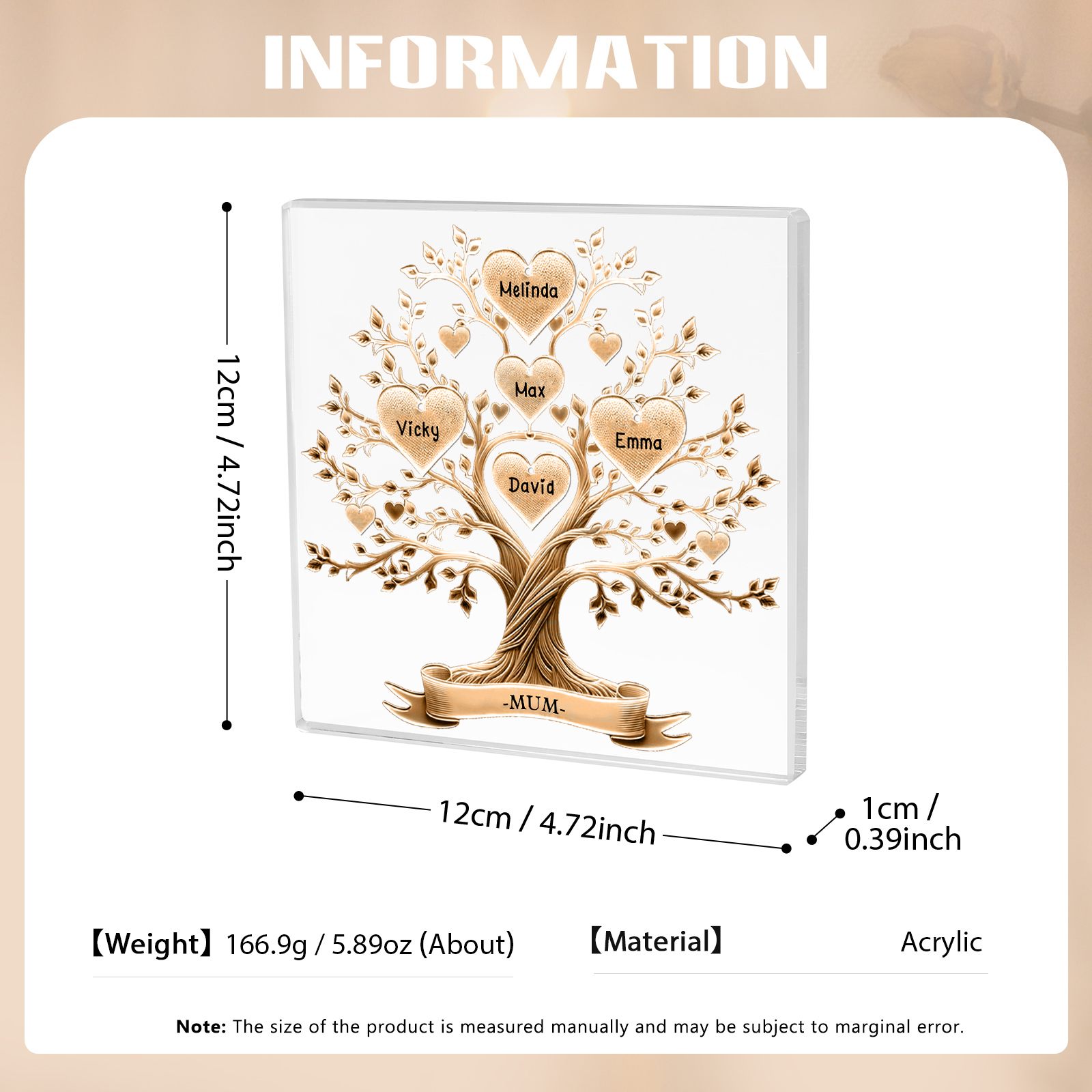 5 Names-Personalised Family Tree Acrylic Keepsake-Custom Text and Names-Acrylic Plaque Home Decoration Gift for Family/Dad/Grandad