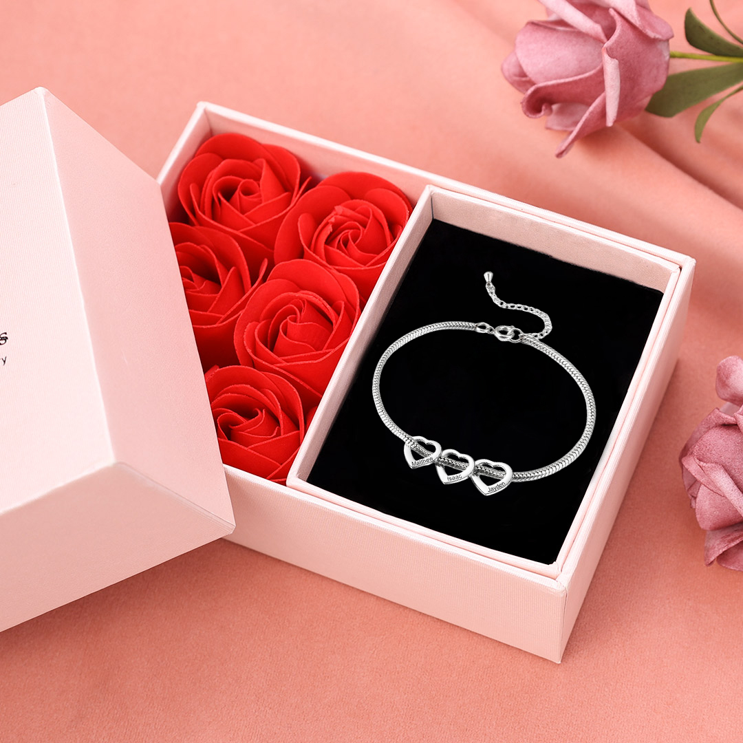 Personalized Love Anklet With 3 Heart-Shaped Charms, Engraved Name And Gift Box, Perfect Anklet Gift For Her