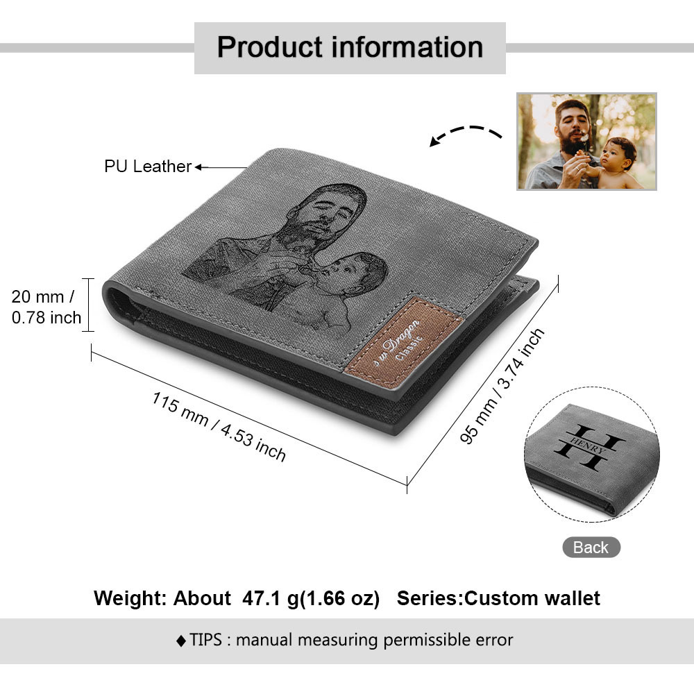 Personalised Leather Wallet Engraved Photo Short Purse Custom Folding Wallet Gifts For Him