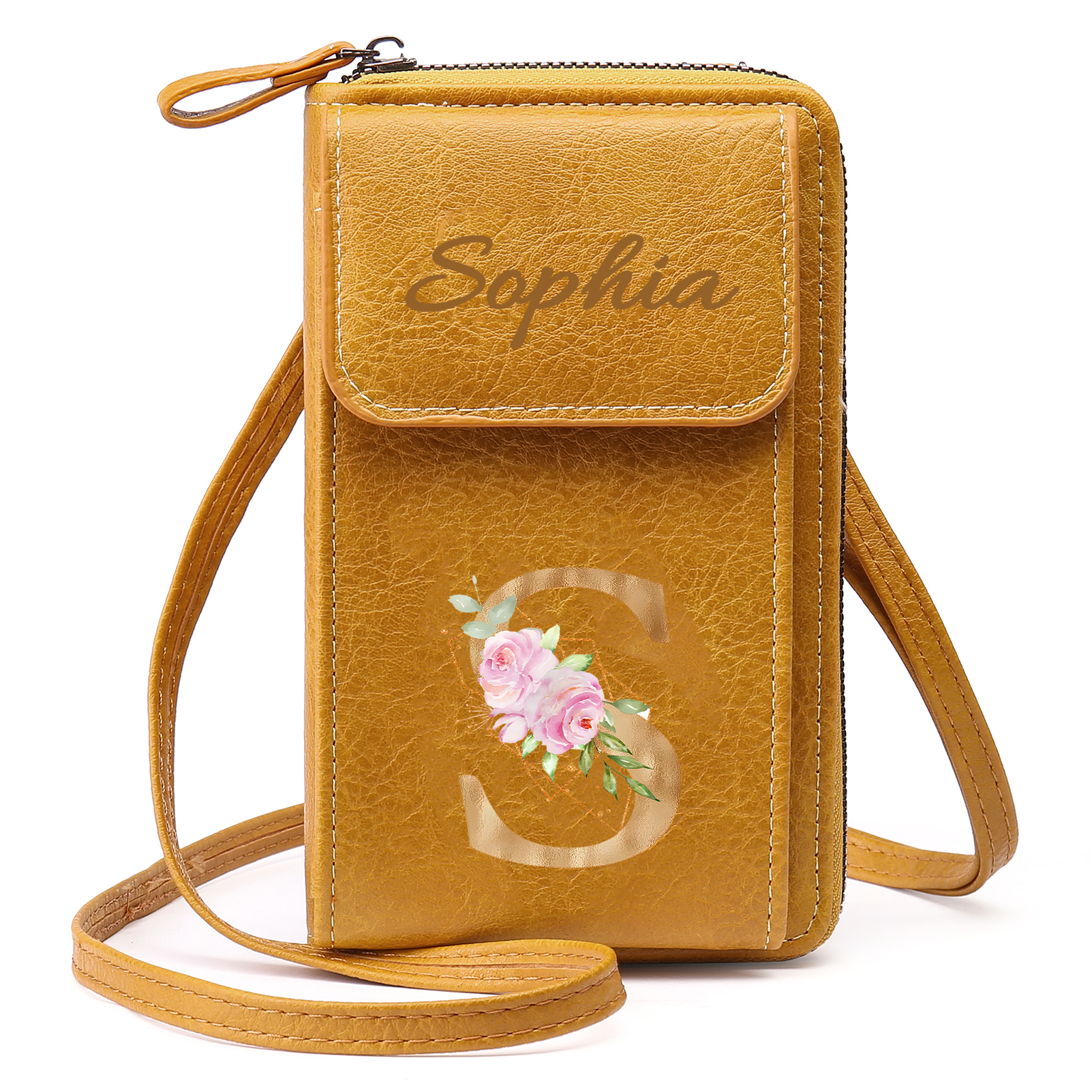 Custom Purse-Personalised Women's Leather Wallet Custom Letter & Name Mobile Phone Wallet Zipper Crossbody Bag
