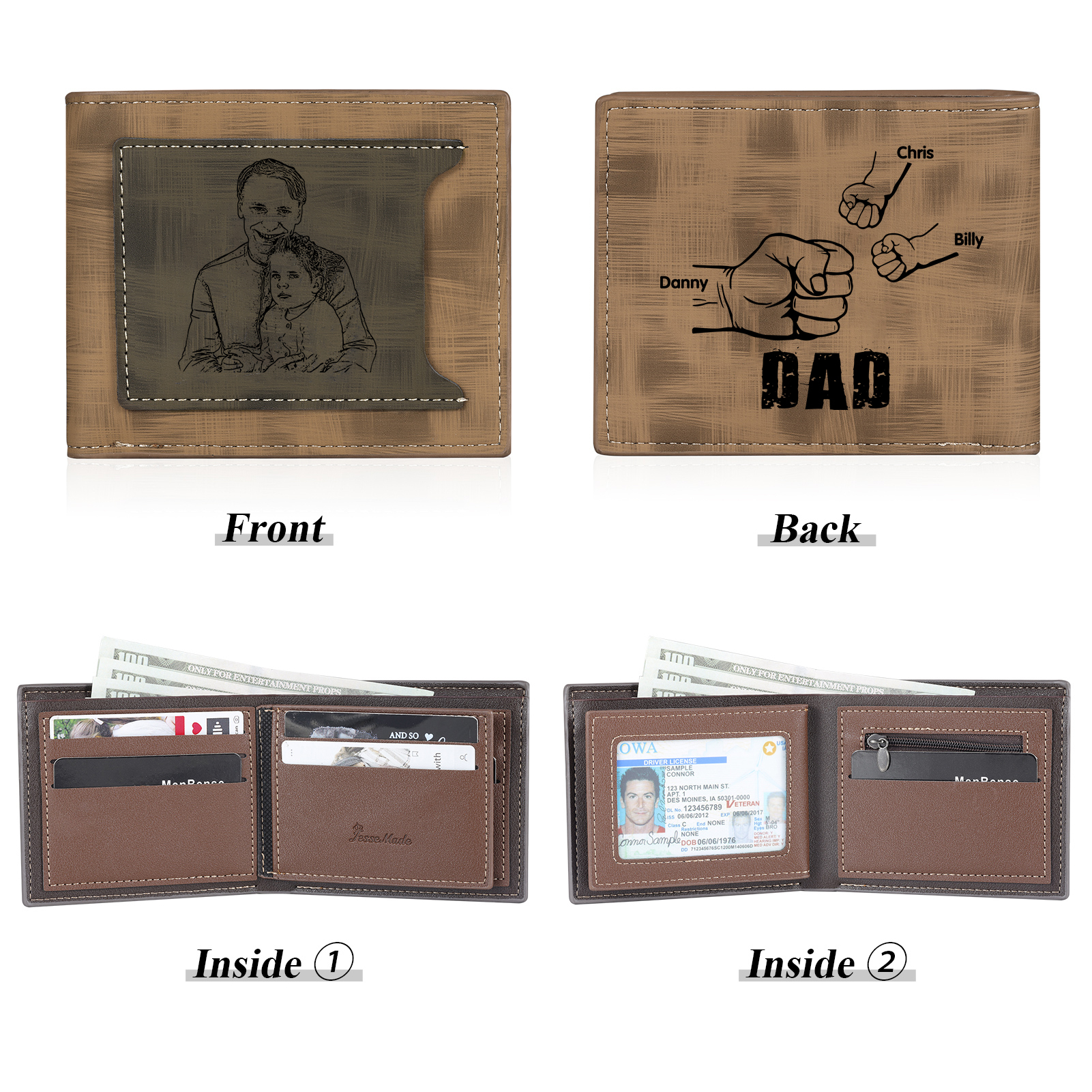 3 Names - Personalised Photo Custom Leather Men's Wallet as a Father's Day Gift for Dad