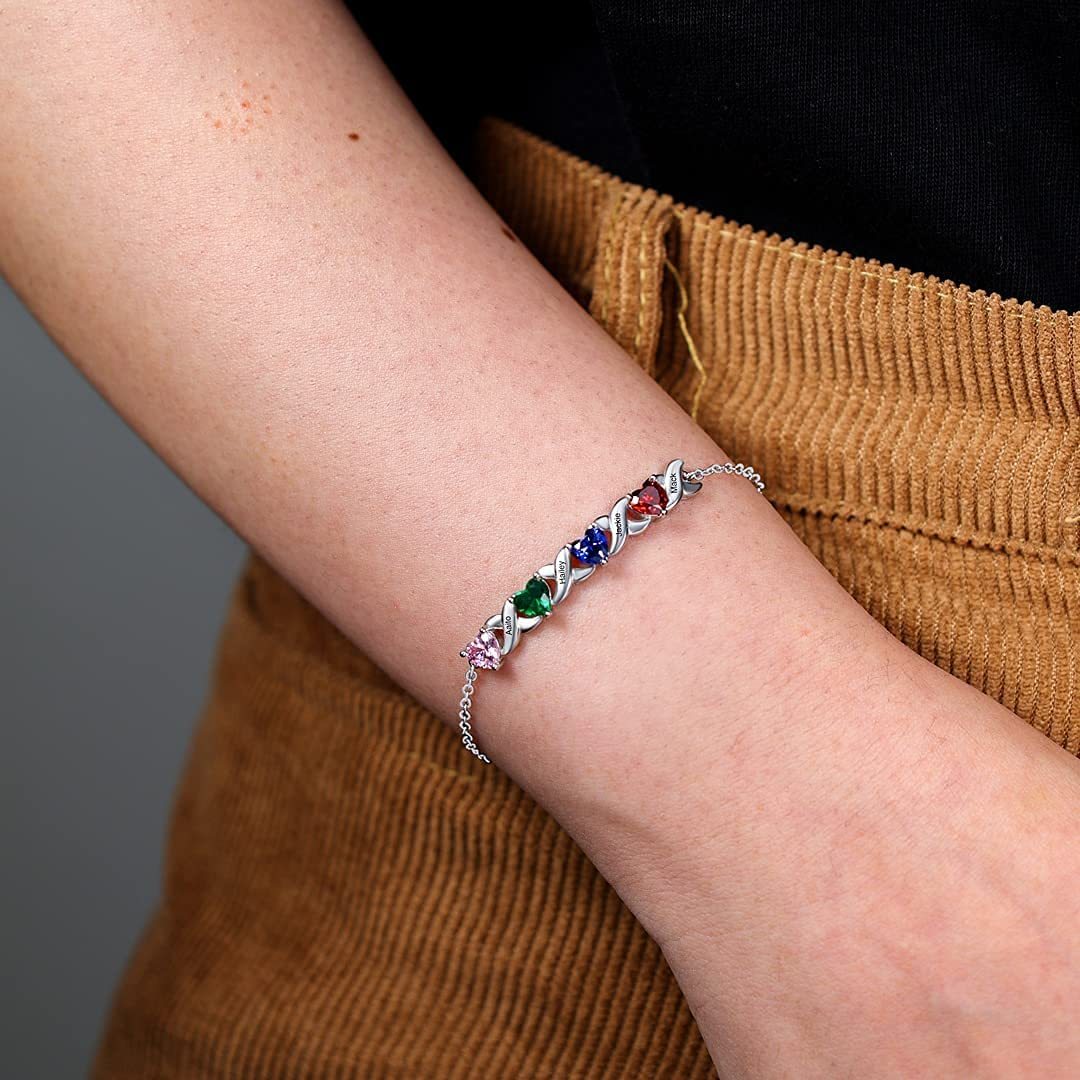 September Birthday Personalised Bracelet With 4 Heart Birthstones Engraved Names Bracelet Gift For Women