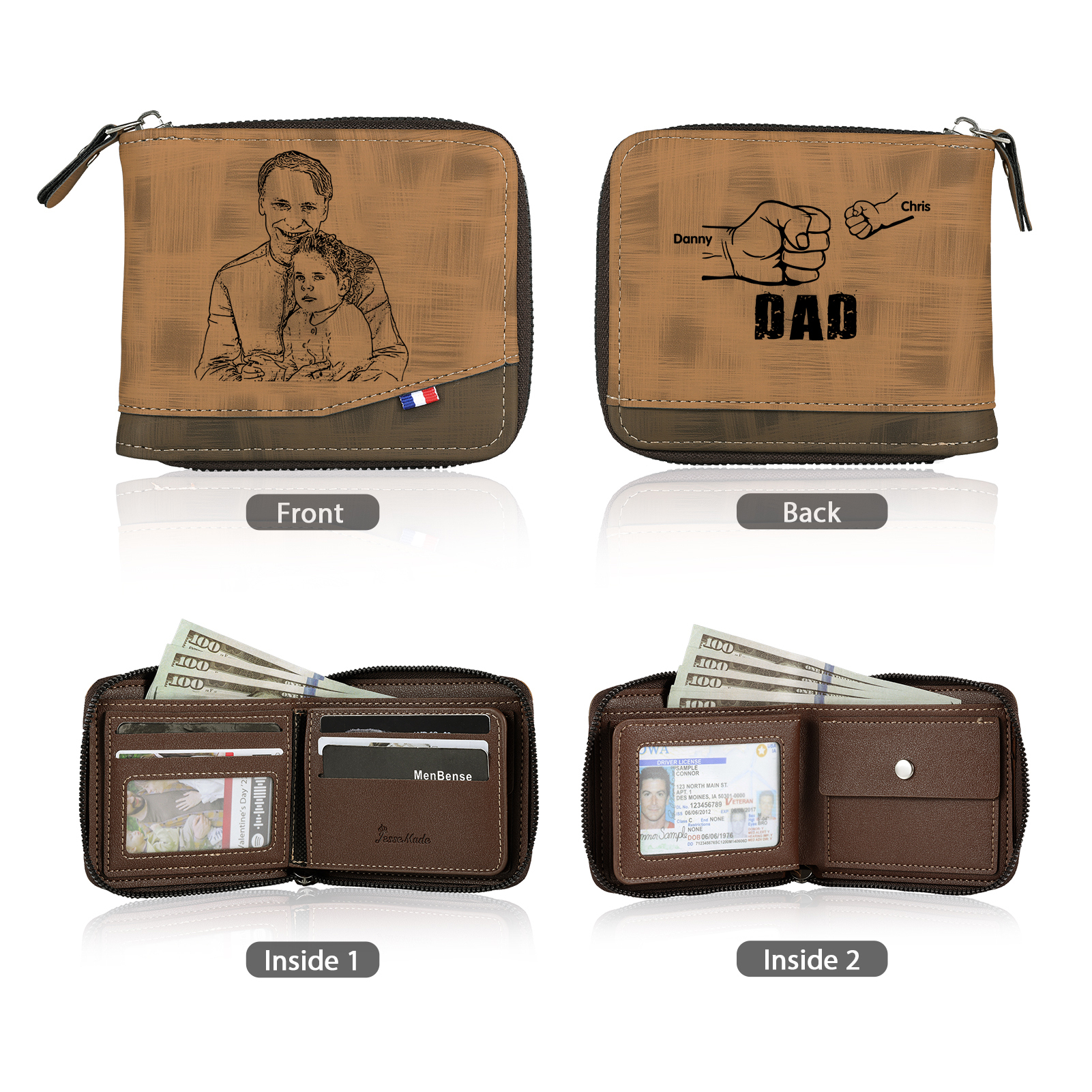 2 Names - Personalised Photo Custom Leather Men's Zipper Wallet as a Father's Day Gift for Dad