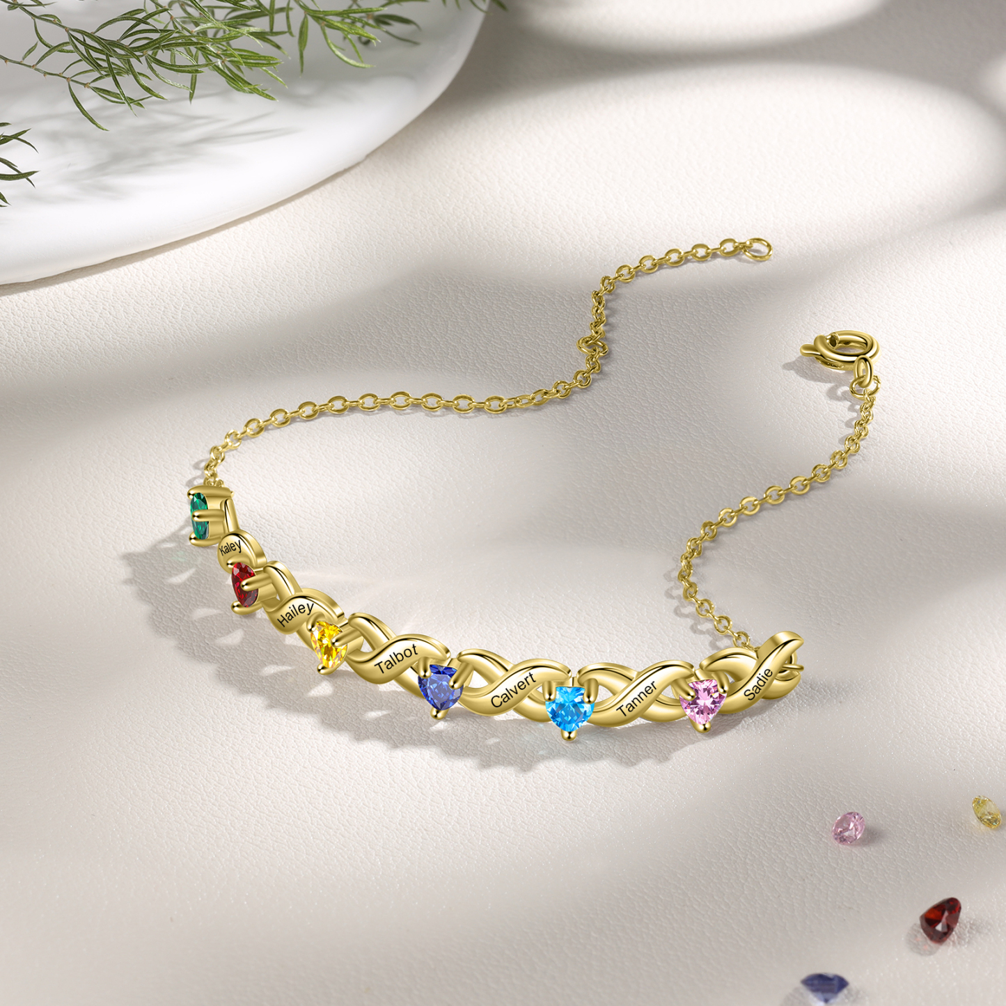 Personalised Bracelet With 6 Heart Birthstones Engraved Names Bracelet Gift For Women