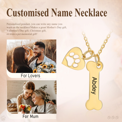 1 Name - Personalised Heart and Bones Charm Pendant Necklace, Custom Name Gift for Her