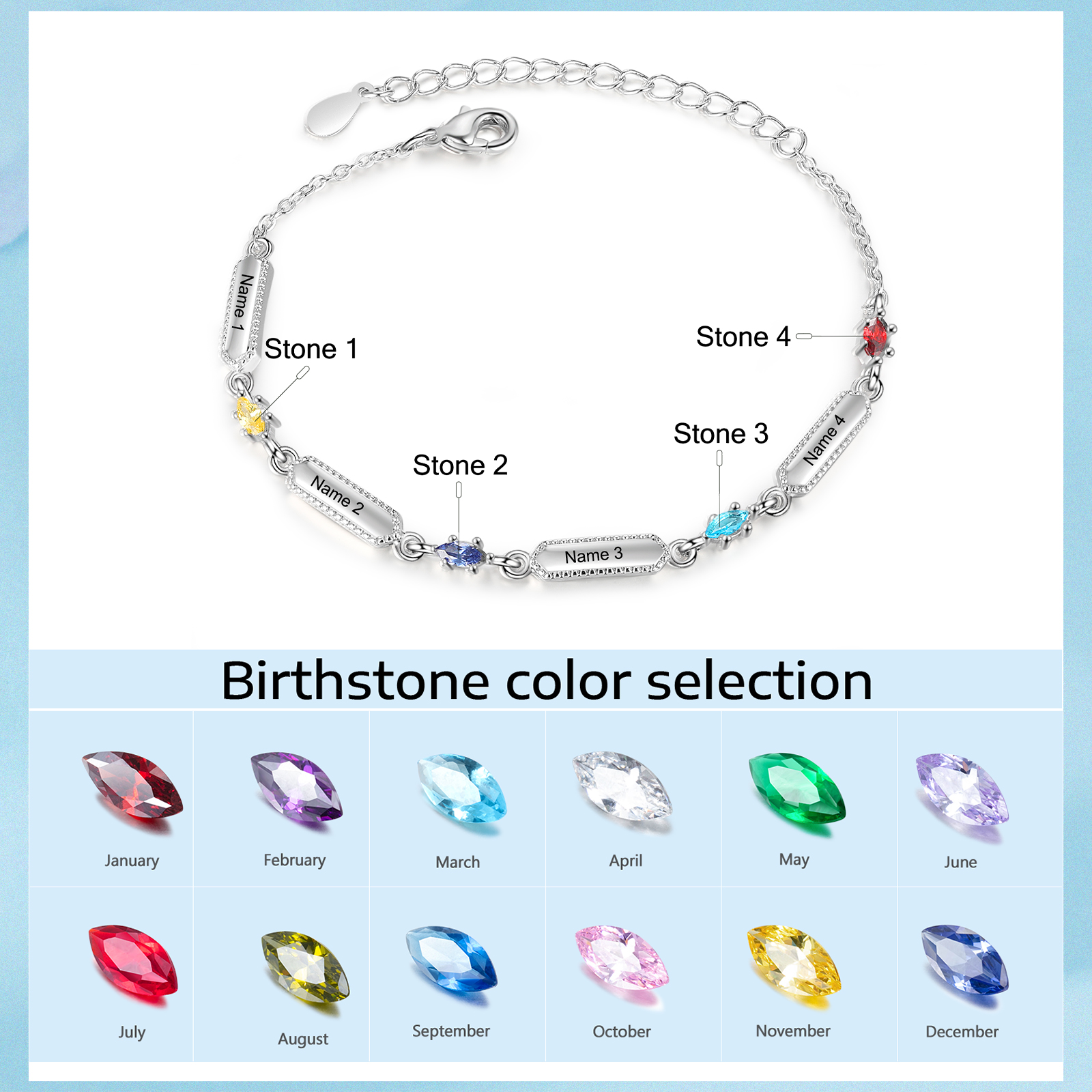 4 Names-Personalised Woman Bracelet With Birthstone Custom Names Bracelet Gift For Women