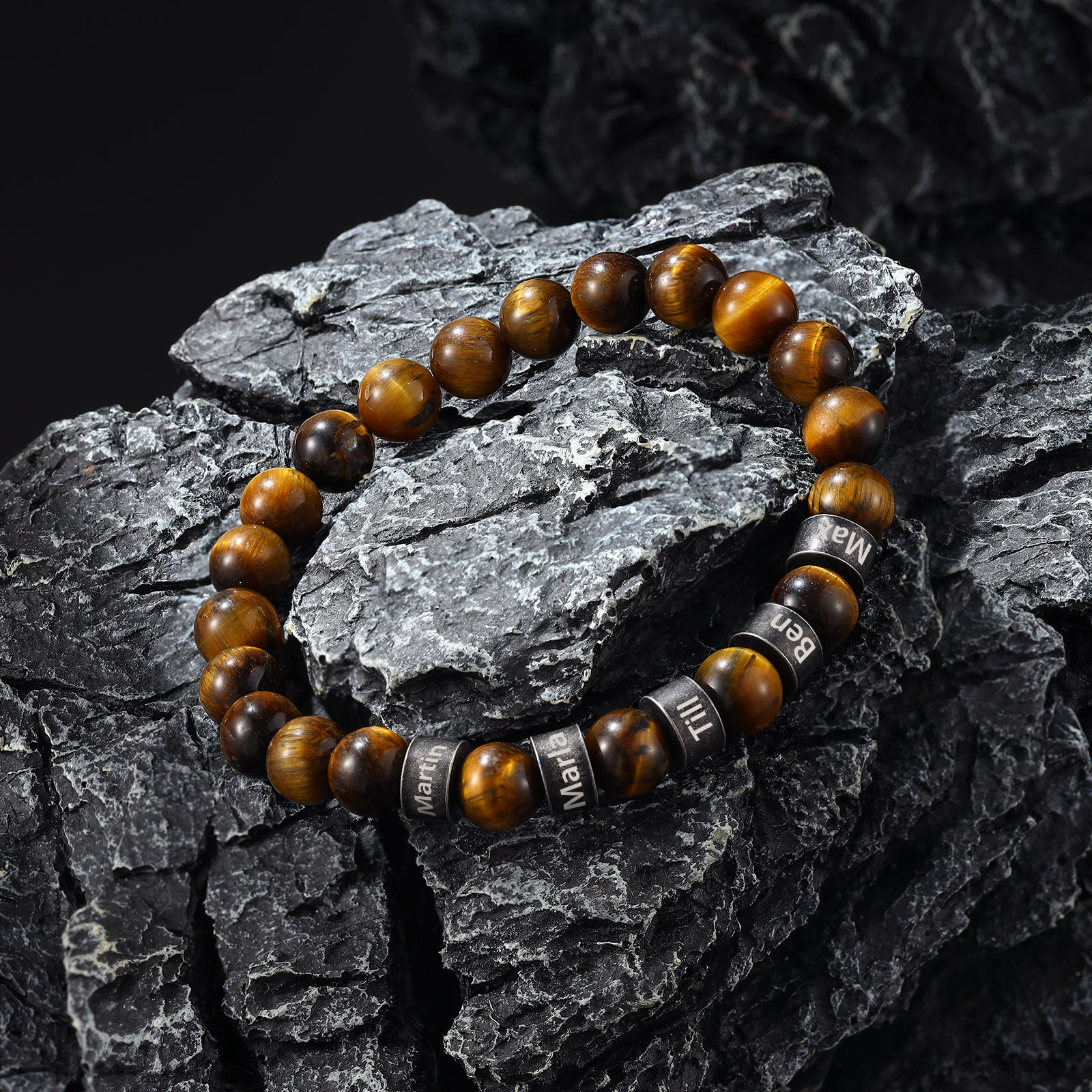 5 Names-Personalised Men Tiger's Eye A Goods Bracelet Engraved With Names, Custom Special Men Names Bracelet