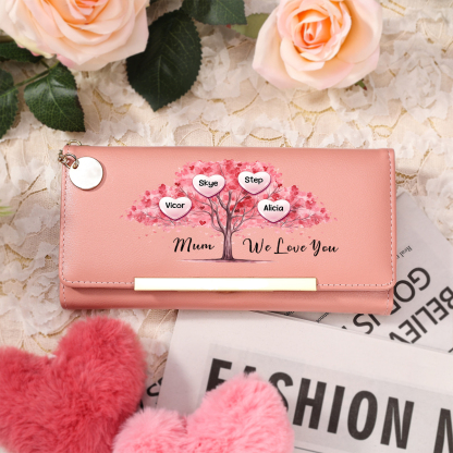 Personalised Mum Wallet, Pink Heart Family Tree